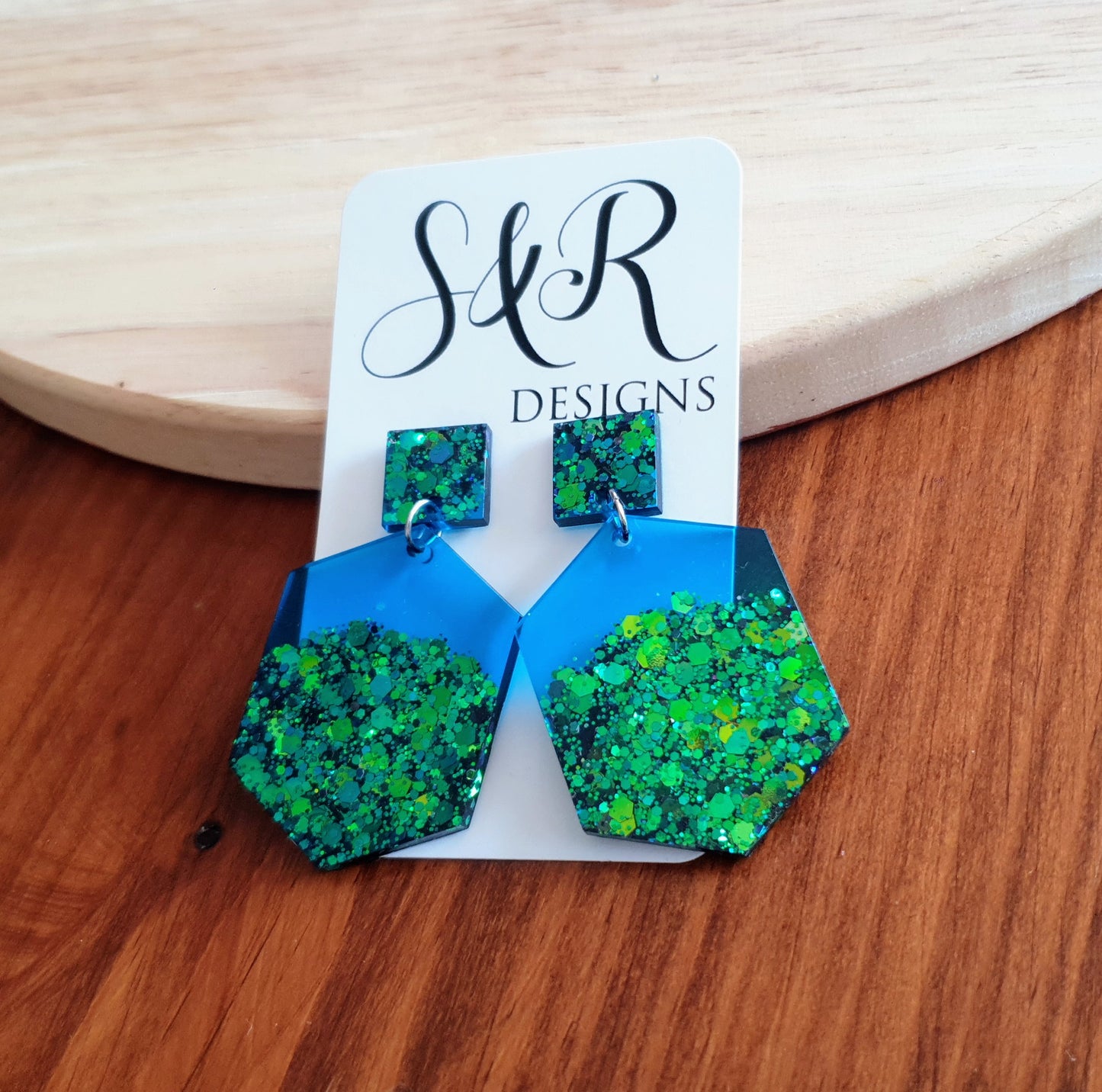 Brilliant Blue Hexagon Drop Earrings.  Handmade Resin Earrings with Chameleon Blue and Green Dangle Earrings with Stainless Steel