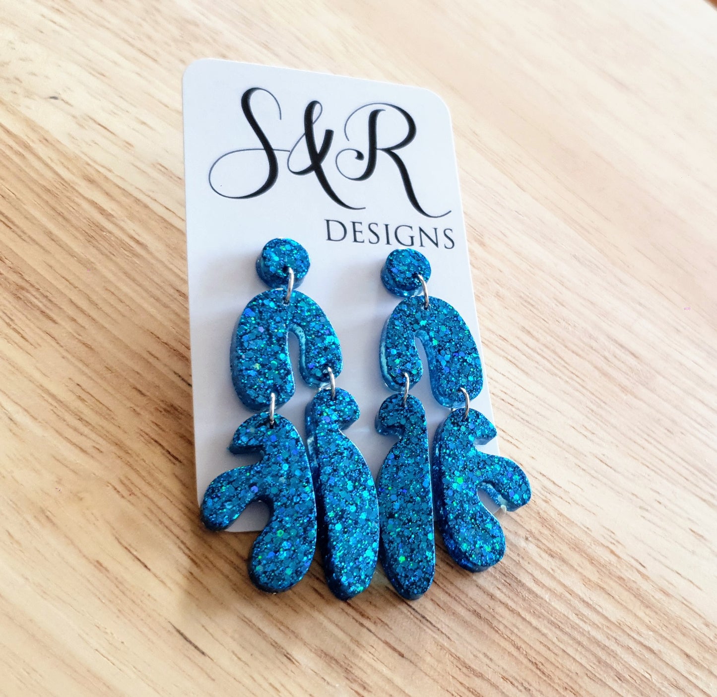 Unique Blue Multi Shape Dangle Drop Earrings, Blue Glitter, Statement Handmade Resin Earrings