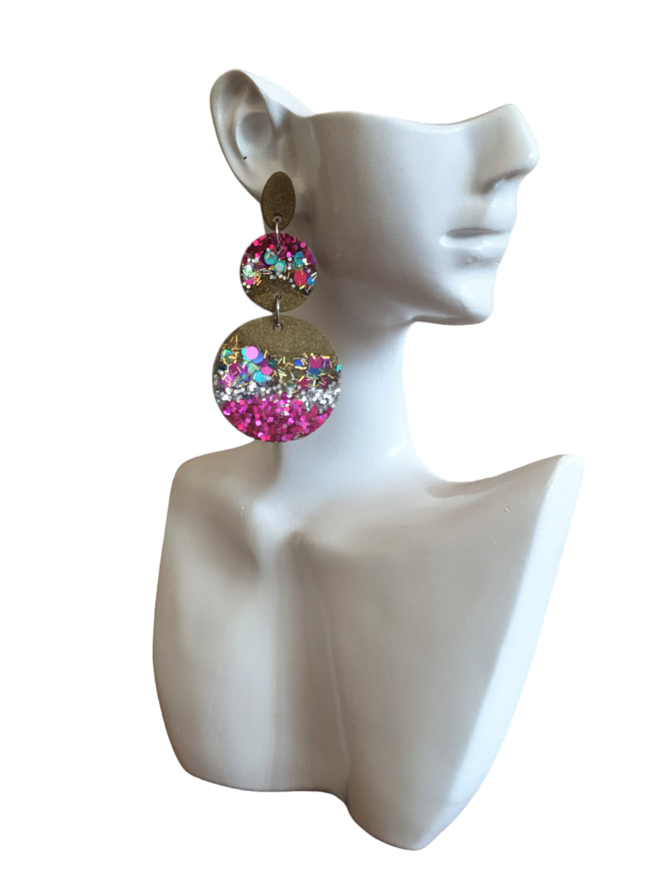 Circle Long Resin Earrings, Statement Pink, Silver, Aqua Holographic Glitter Earrings, Handmade Earrings, Stainless Steel Earrings.