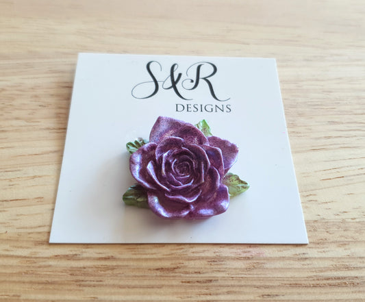 Purple Rose Flower Brooch, Light Purple Green Flower Brooch with Stainless Steel Pin, Handmade Resin Brooch