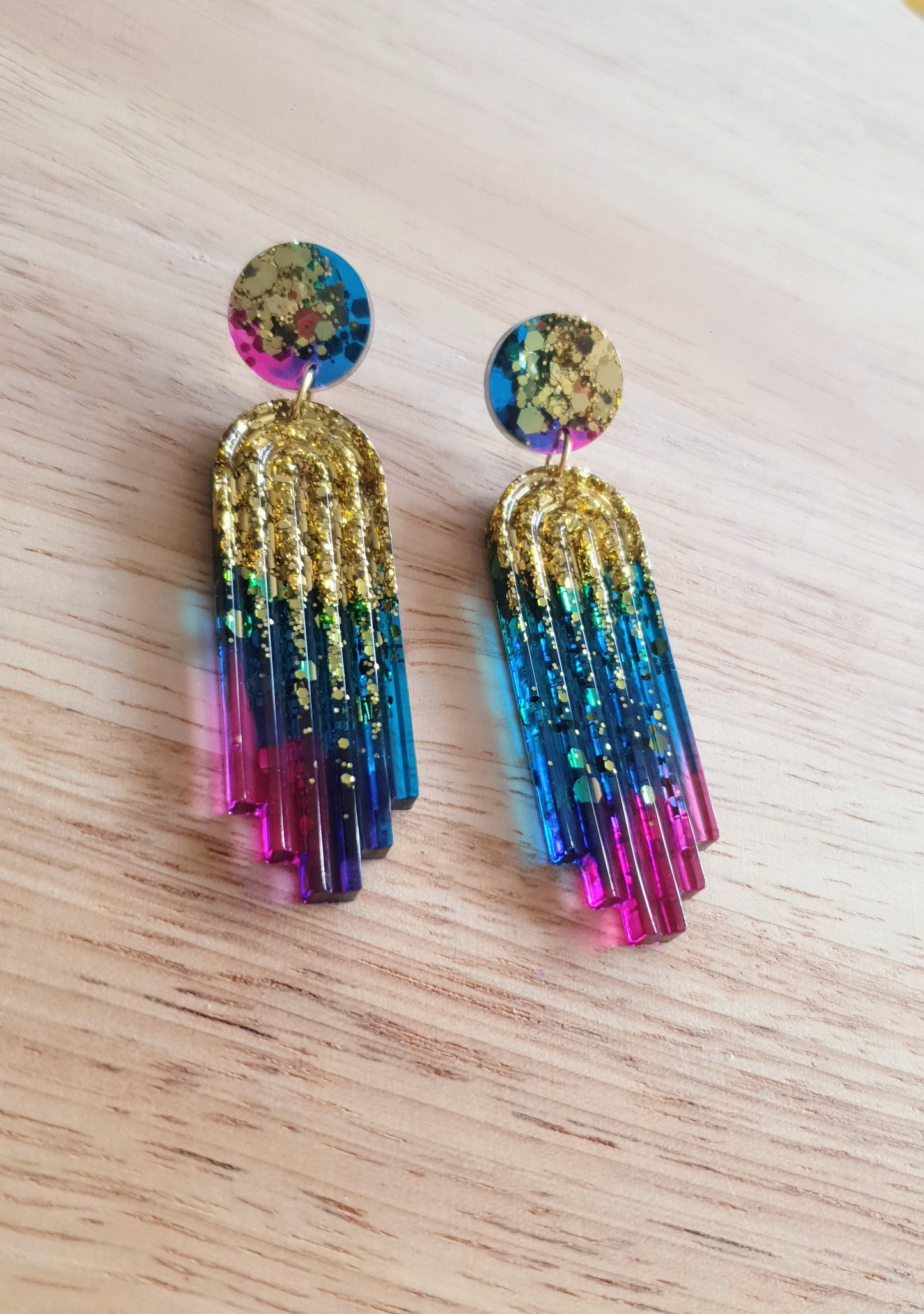 Multicoloured Long Rectangle Dangle Drop Earrings, Gold, Blue, Pink Purple Statement Handmade Resin Gift, Maximalist Stainless Steel Dangles