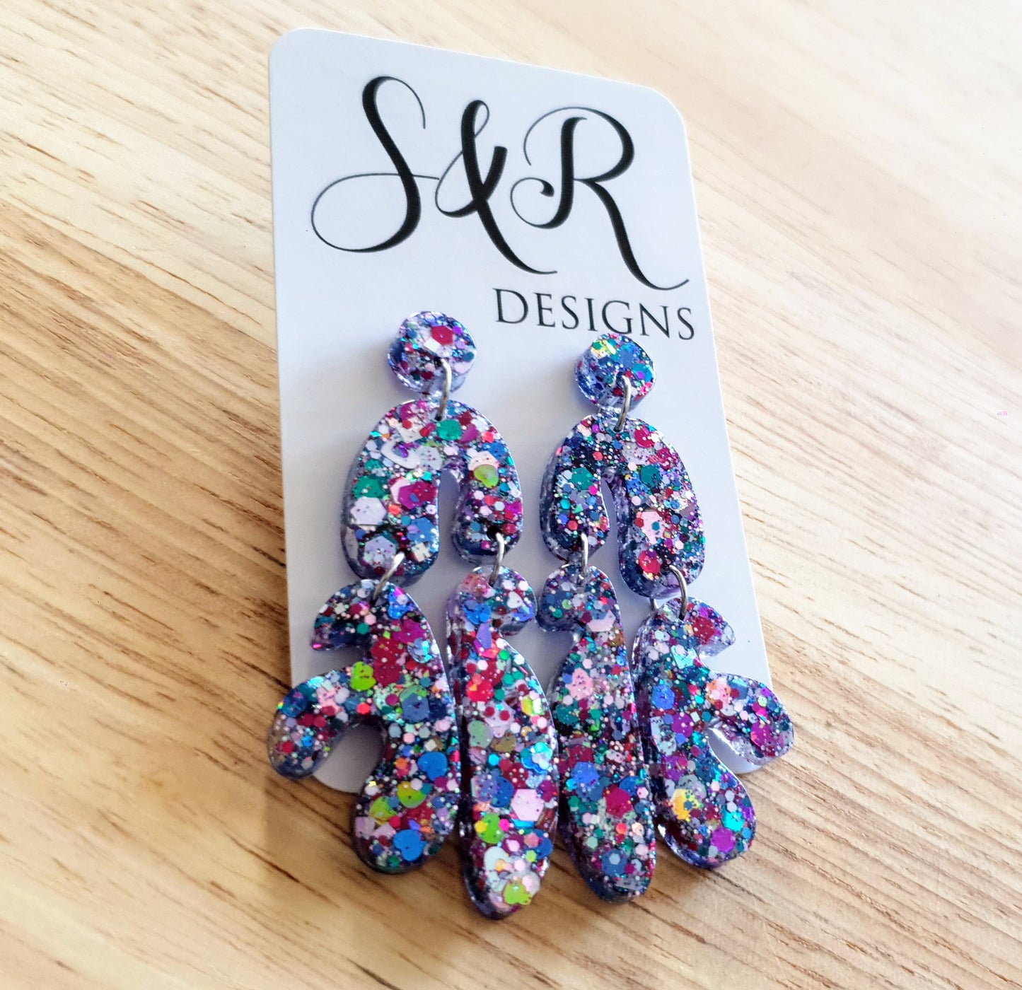 Unique Multicoloured Multi Shape Dangle Drop Earrings, Blue Red Pink White Teal Yellow Mix Glitter, Statement Handmade Resin Earrings