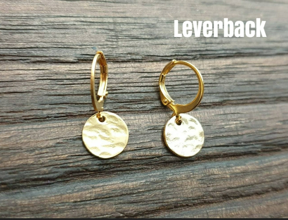 Gold Hammered Circle Disc Leverback Earrings, Stainless Steel Dangle Leverback