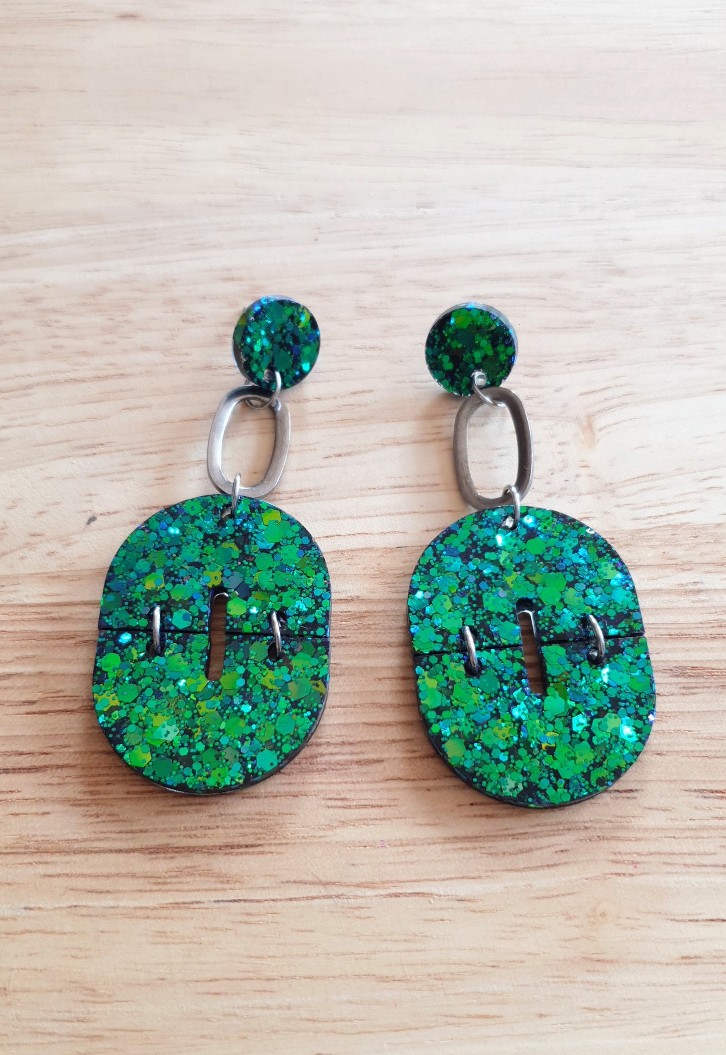 Statement Oval Arch Dangle Earrings, Chameleon Blue and Green Glitter Resin Dangles, Statement Handmade Earrings with Stainless Steel