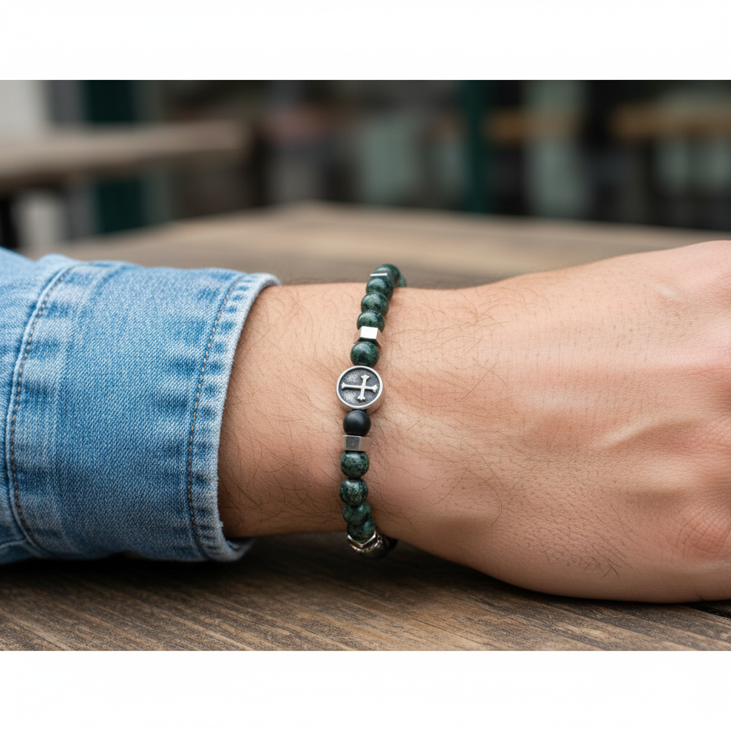 Shiny Bead and Matte black Agate Bead Bracelet with Stainless Steel Details