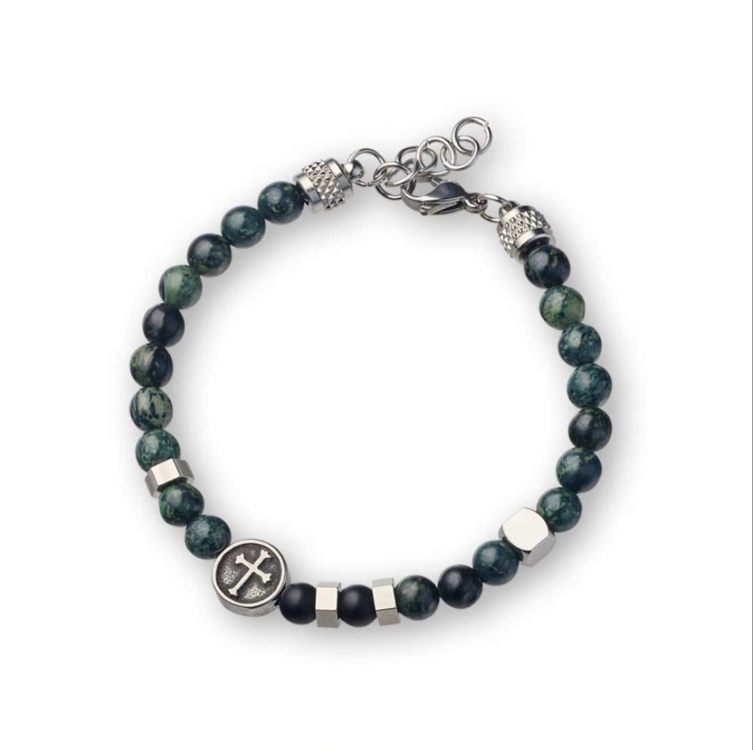 Shiny Bead and Matte black Agate Bead Bracelet with Stainless Steel Details