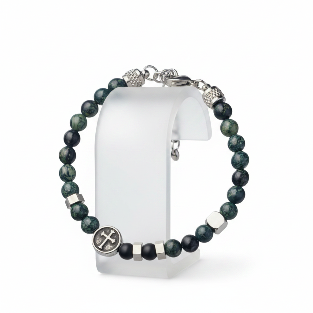 Shiny Bead and Matte black Agate Bead Bracelet with Stainless Steel Details