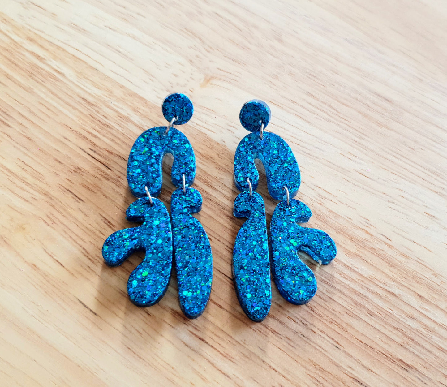 Unique Blue Multi Shape Dangle Drop Earrings, Blue Glitter, Statement Handmade Resin Earrings