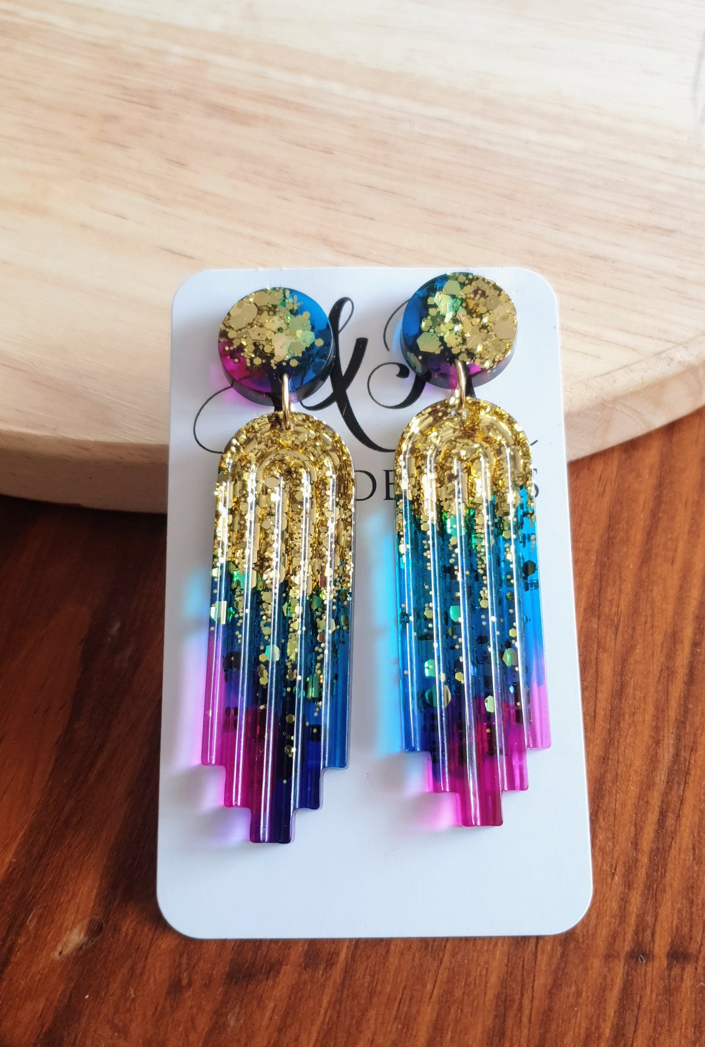 Multicoloured Long Rectangle Dangle Drop Earrings, Gold, Blue, Pink Purple Statement Handmade Resin Gift, Maximalist Stainless Steel Dangles