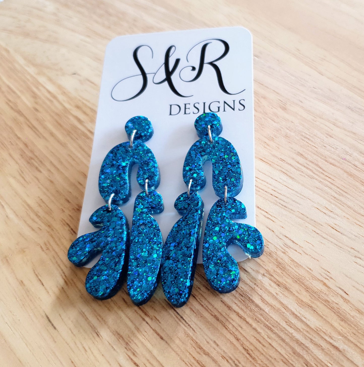Unique Blue Multi Shape Dangle Drop Earrings, Blue Glitter, Statement Handmade Resin Earrings