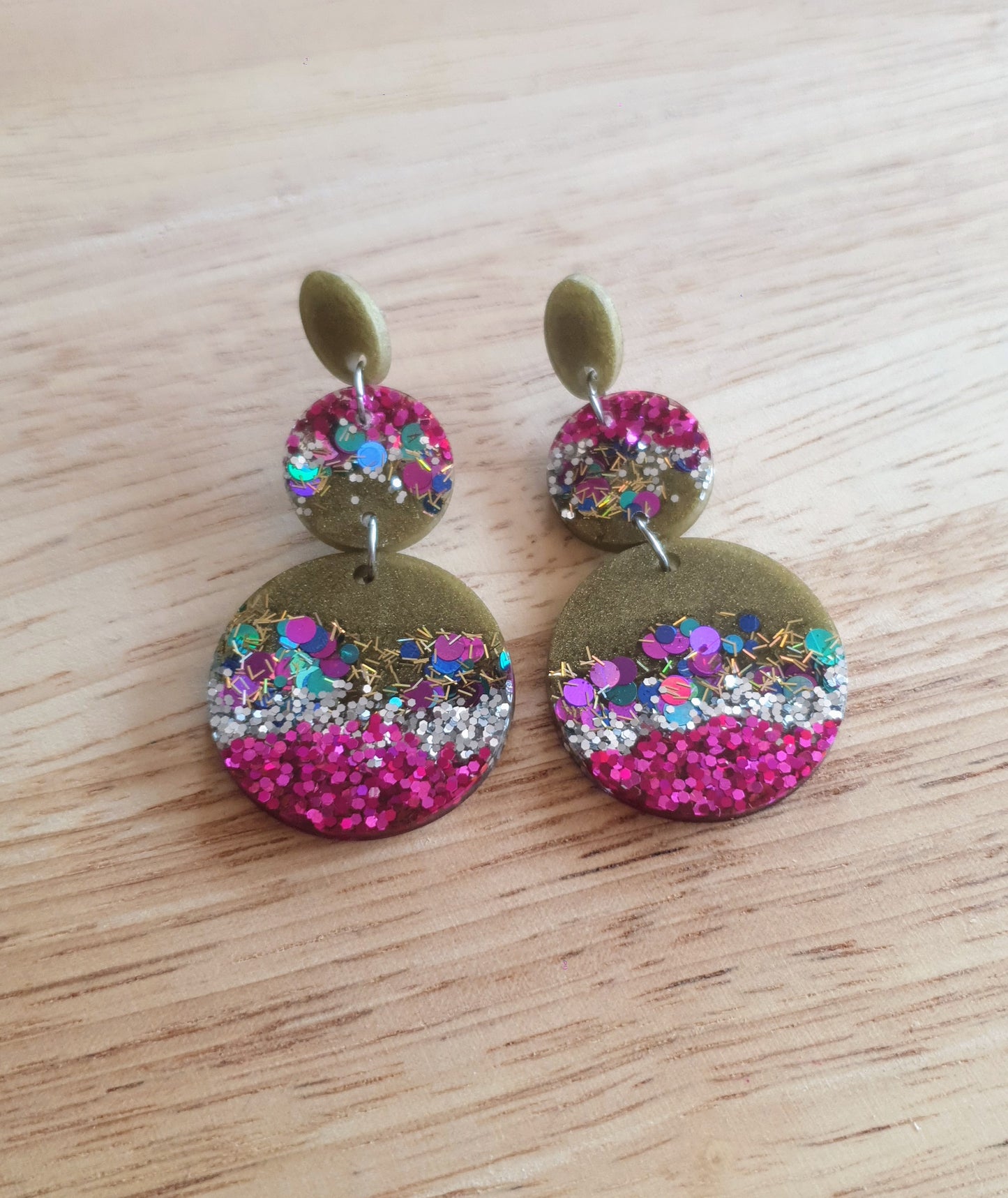 Circle Long Resin Earrings, Statement Pink, Silver, Aqua Holographic Glitter Earrings, Handmade Earrings, Stainless Steel Earrings.
