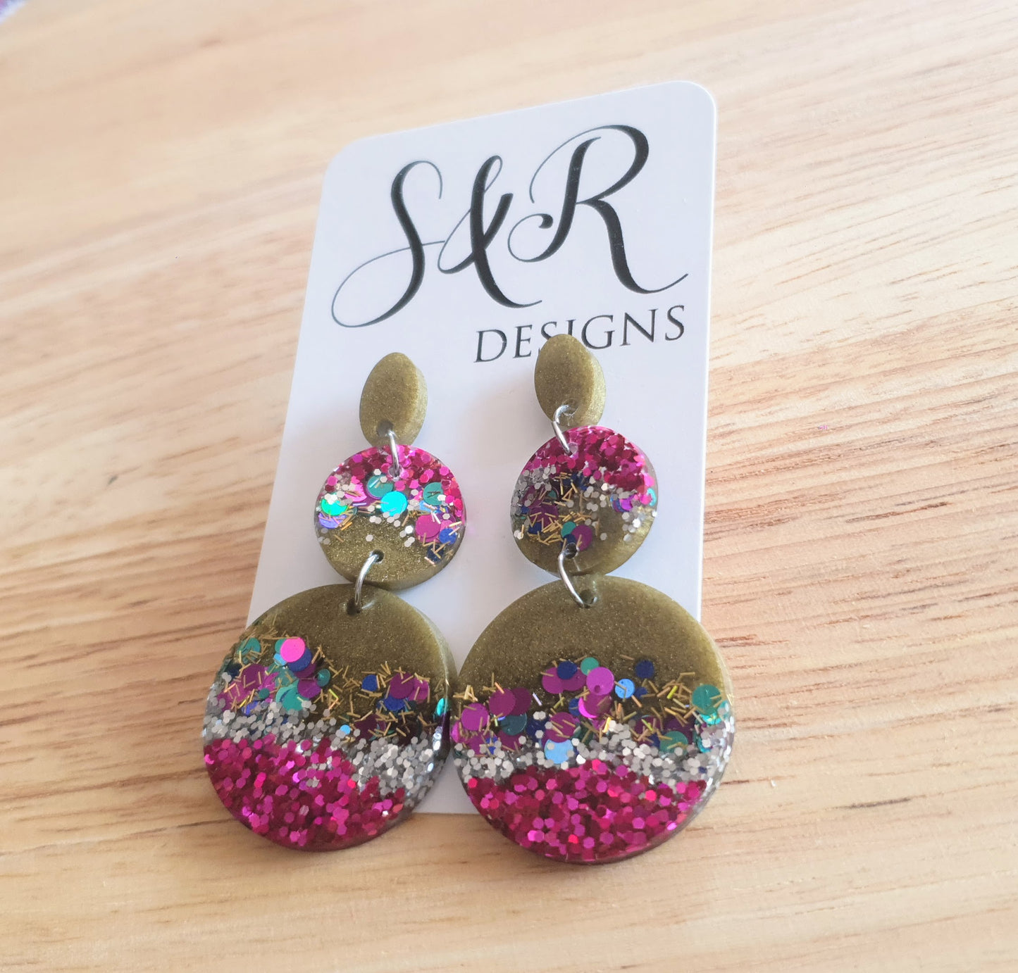 Circle Long Resin Earrings, Statement Pink, Silver, Aqua Holographic Glitter Earrings, Handmade Earrings, Stainless Steel Earrings.