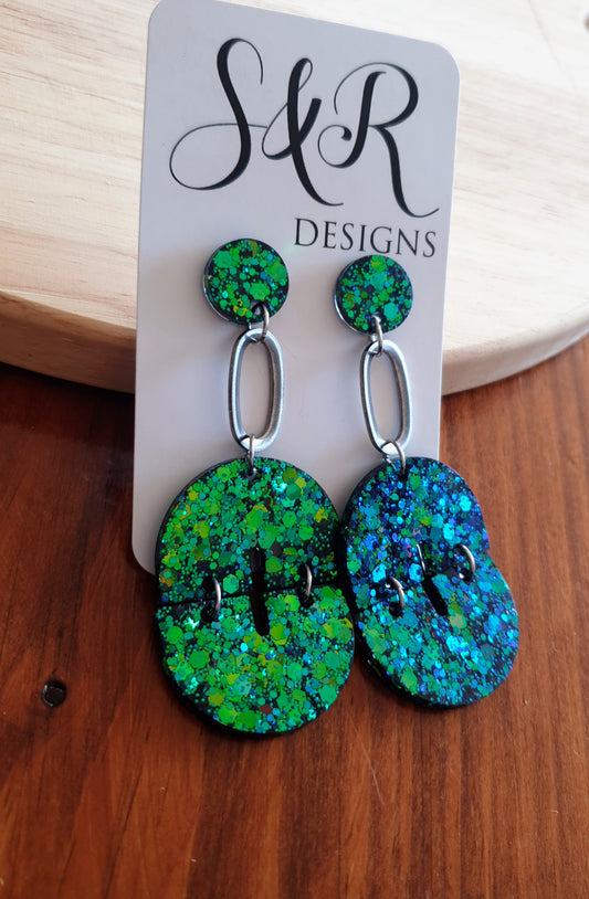 Statement Oval Arch Dangle Earrings, Chameleon Blue and Green Glitter Resin Dangles, Statement Handmade Earrings with Stainless Steel