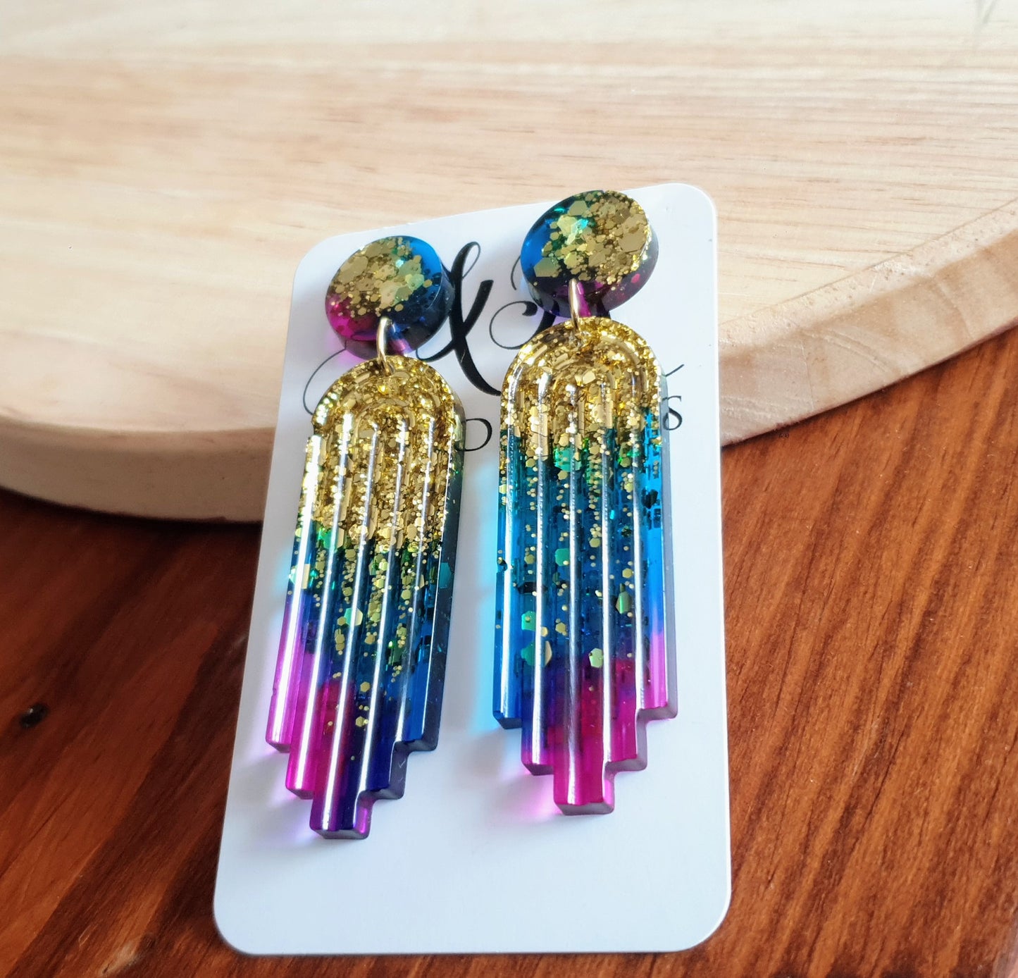 Multicoloured Long Rectangle Dangle Drop Earrings, Gold, Blue, Pink Purple Statement Handmade Resin Gift, Maximalist Stainless Steel Dangles