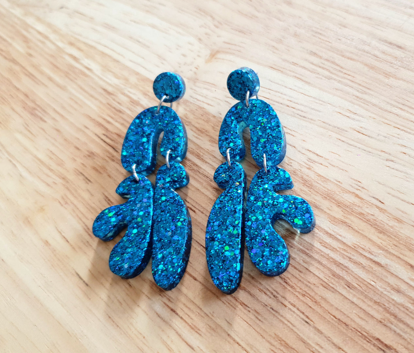 Unique Blue Multi Shape Dangle Drop Earrings, Blue Glitter, Statement Handmade Resin Earrings