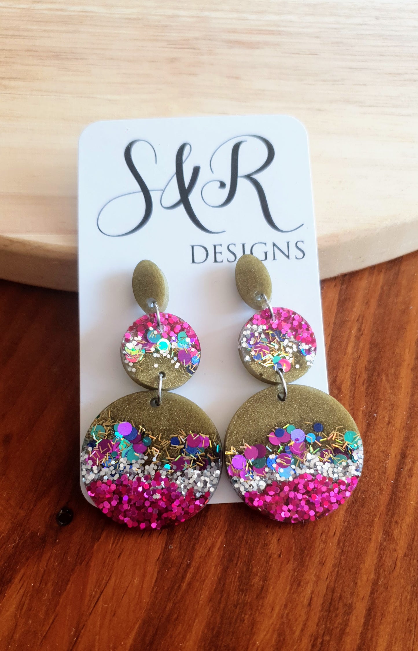 Circle Long Resin Earrings, Statement Pink, Silver, Aqua Holographic Glitter Earrings, Handmade Earrings, Stainless Steel Earrings.