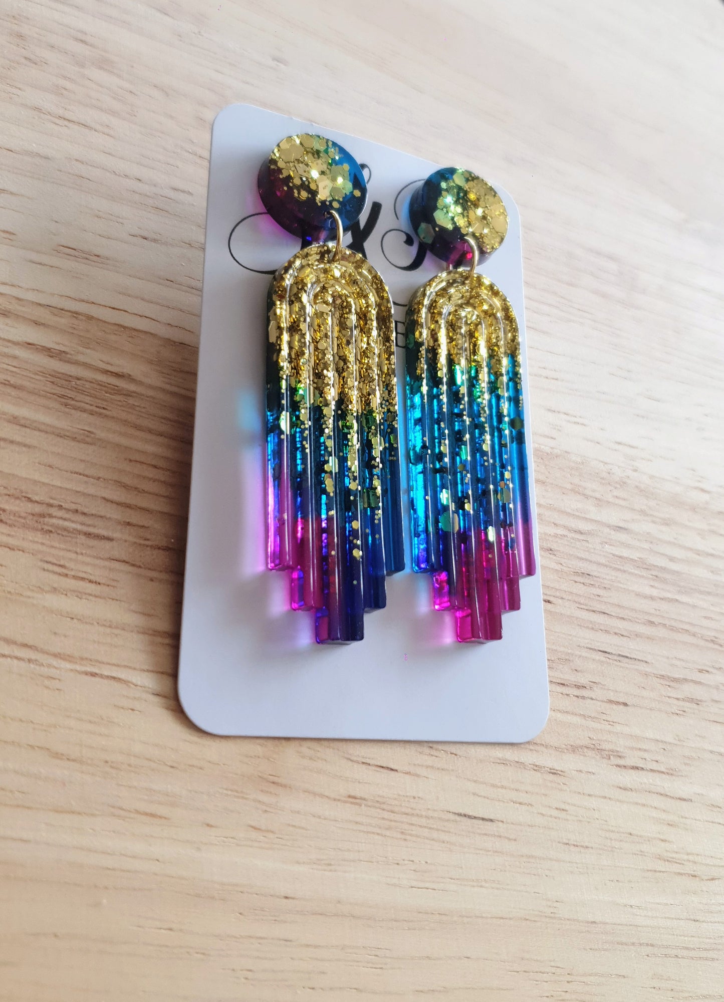 Multicoloured Long Rectangle Dangle Drop Earrings, Gold, Blue, Pink Purple Statement Handmade Resin Gift, Maximalist Stainless Steel Dangles