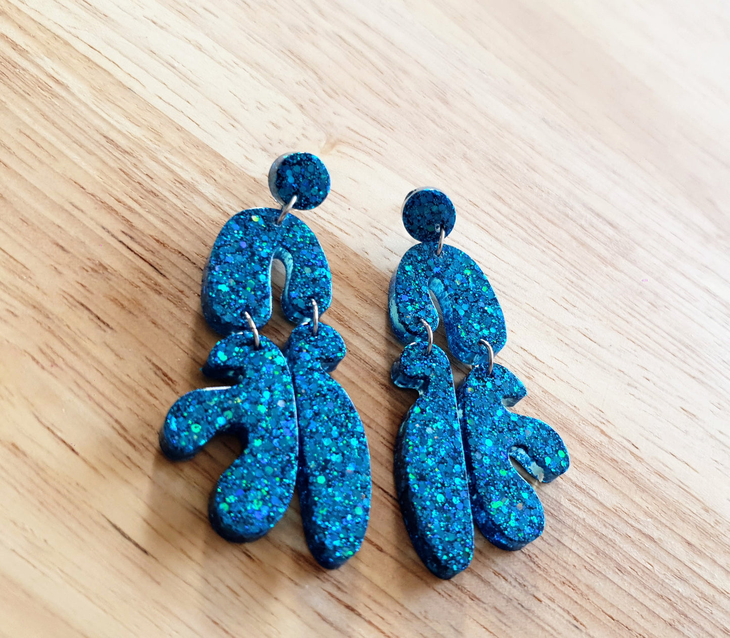 Unique Blue Multi Shape Dangle Drop Earrings, Blue Glitter, Statement Handmade Resin Earrings