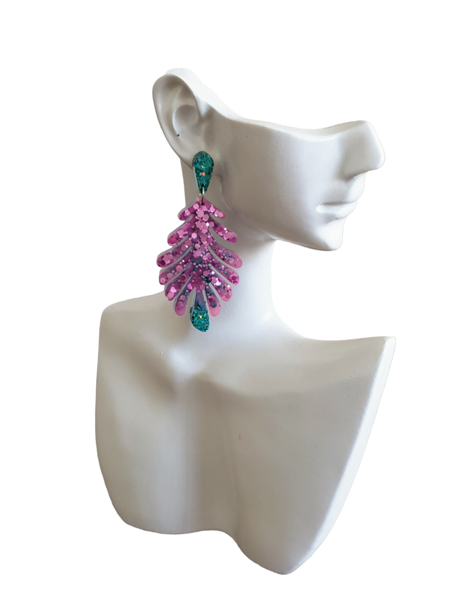Statement Earrings, Pink Green Flower Leaves Dangle Drop Earrings, Handmade Glitter Resin Dangles, Stainless Steel