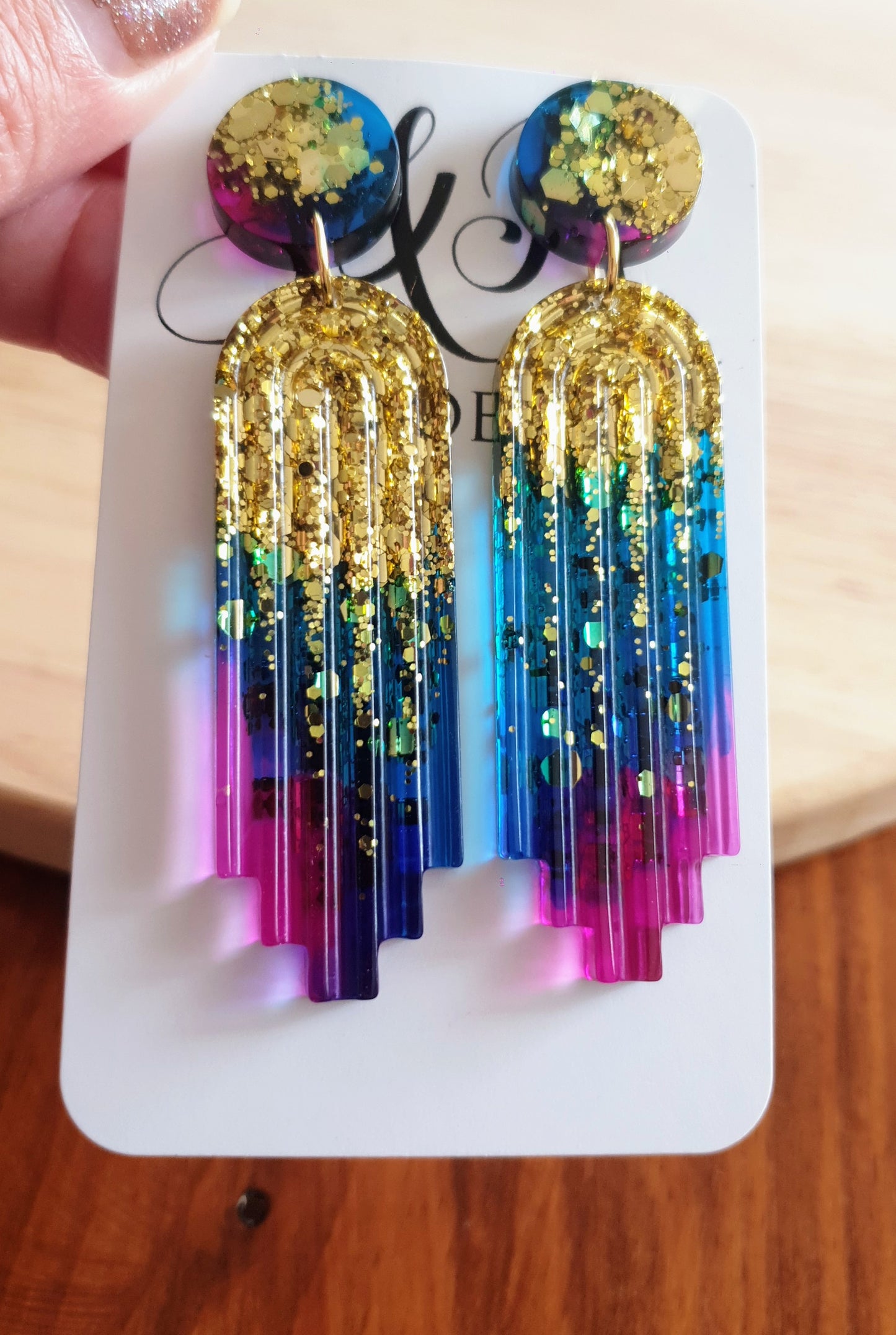 Multicoloured Long Rectangle Dangle Drop Earrings, Gold, Blue, Pink Purple Statement Handmade Resin Gift, Maximalist Stainless Steel Dangles
