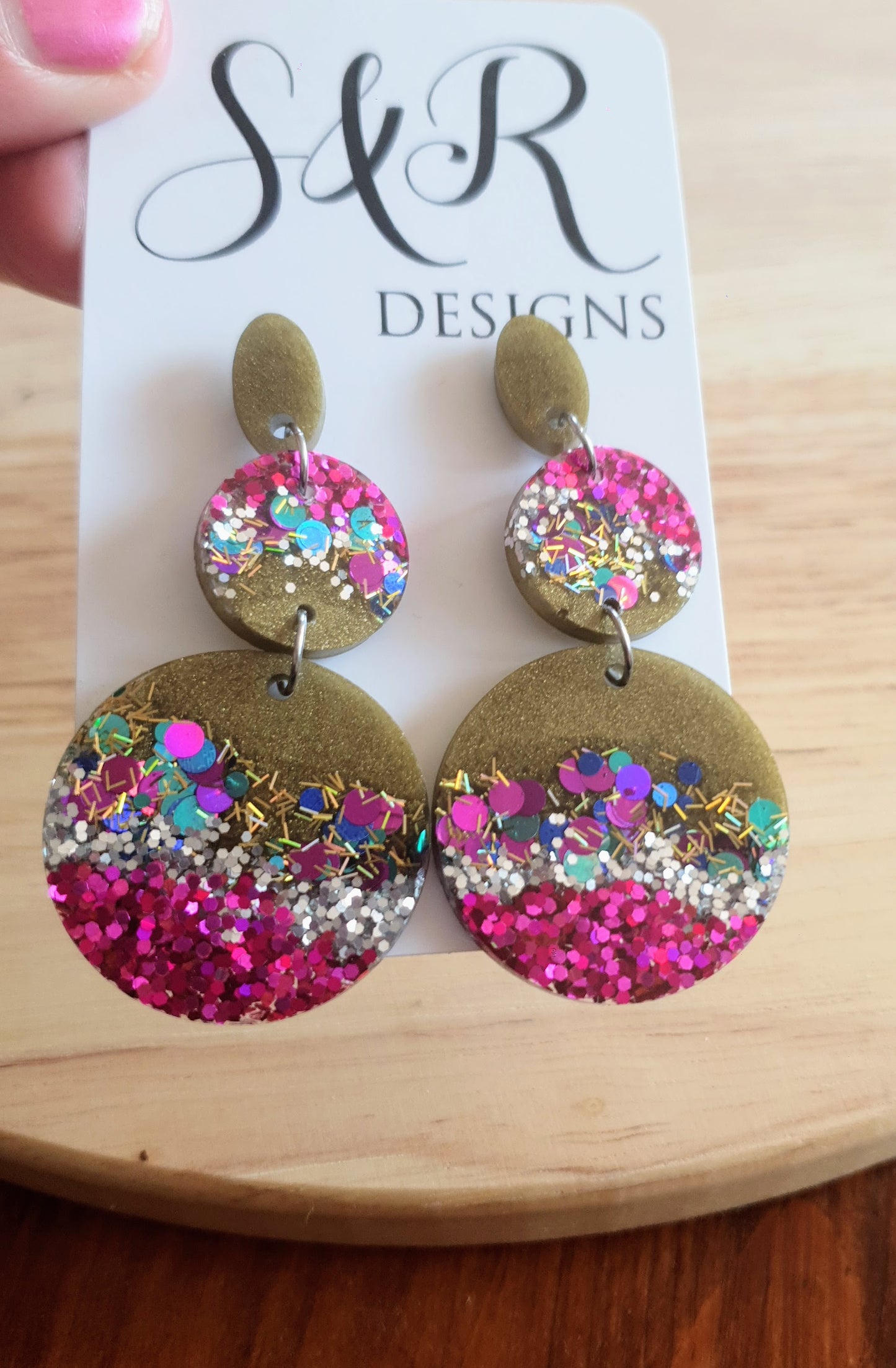 Circle Long Resin Earrings, Statement Pink, Silver, Aqua Holographic Glitter Earrings, Handmade Earrings, Stainless Steel Earrings.