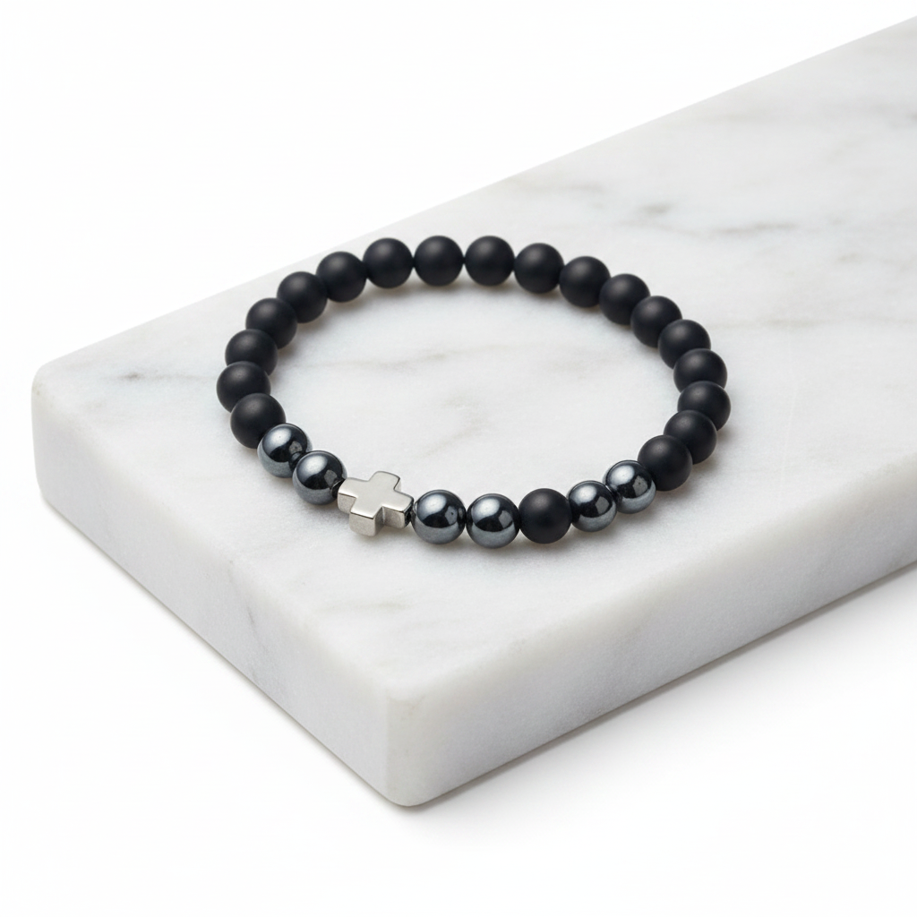 Stainless Steel Black Onyx Bracelet with Cross Charm