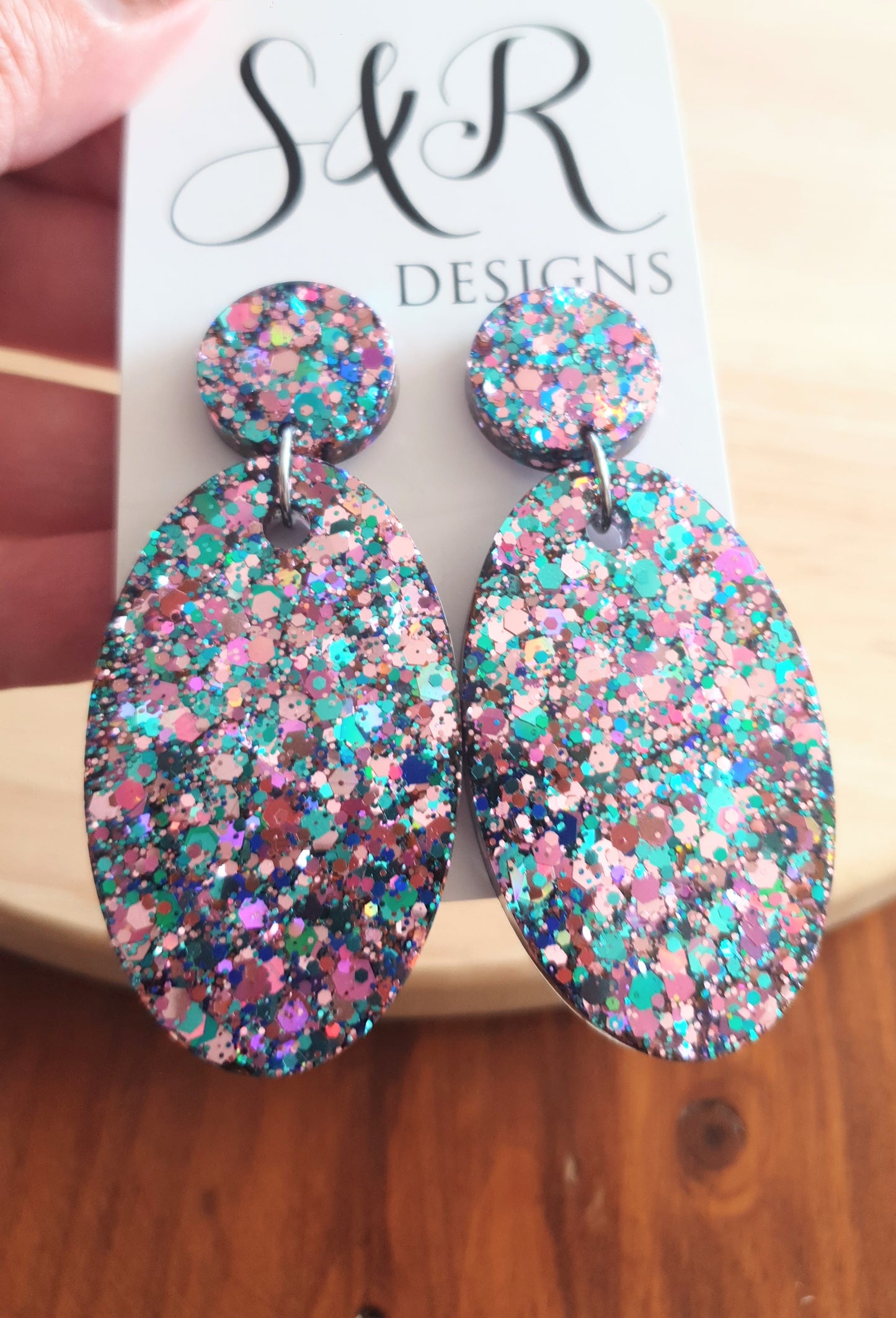 Oval Large Dangle Earrings, Multicoloured Glitter Resin Earrings, Stainless Steel Earrings, Gift Earrings, Handmade Drop Dangles