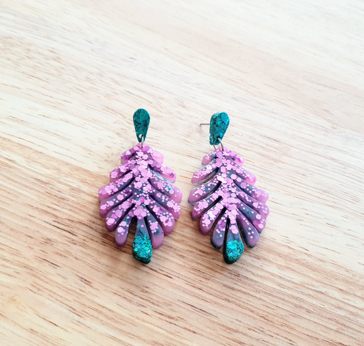 Statement Earrings, Pink Green Flower Leaves Dangle Drop Earrings, Handmade Glitter Resin Dangles, Stainless Steel