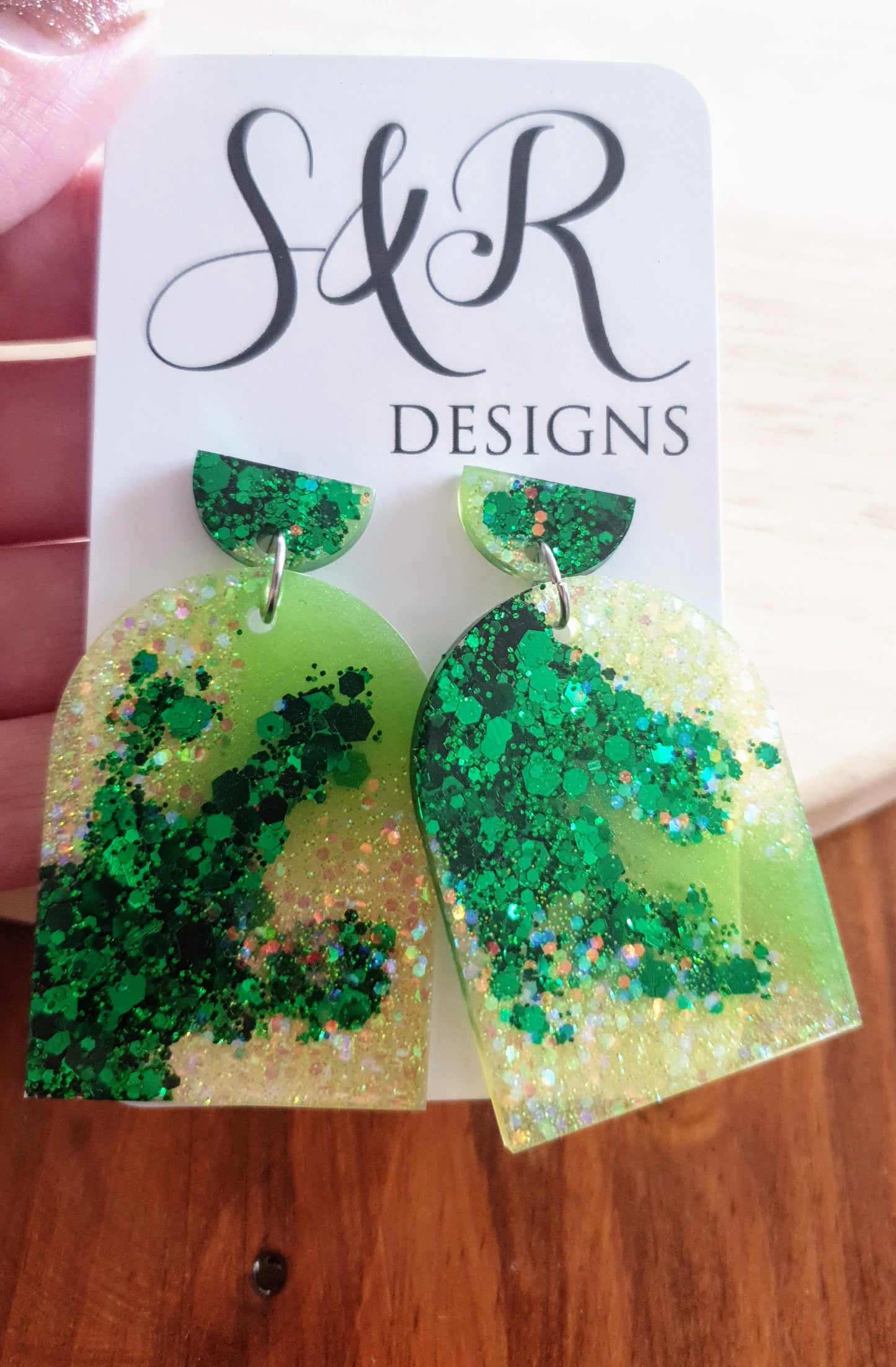 Emerald Green Lime Glitter Arch Earrings, Metalic Green With Holographic Fine Glitter Handmade Resin Dangles, Statement Earrings