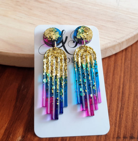Multicoloured Long Rectangle Dangle Drop Earrings, Gold, Blue, Pink Purple Statement Handmade Resin Gift, Maximalist Stainless Steel Dangles
