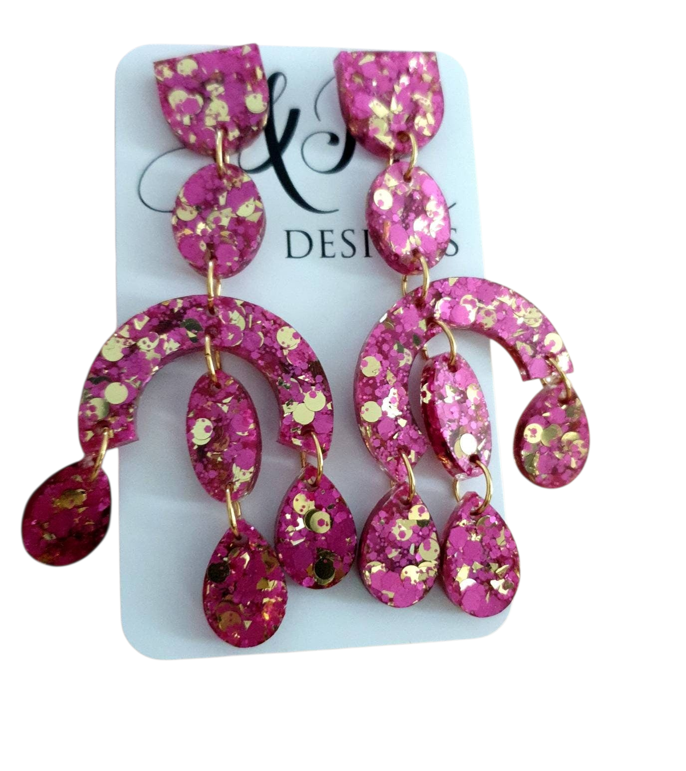 Silver and Resin Designs oversized chandelier dangle earrings in pink and gold glitter resin with stainless steel