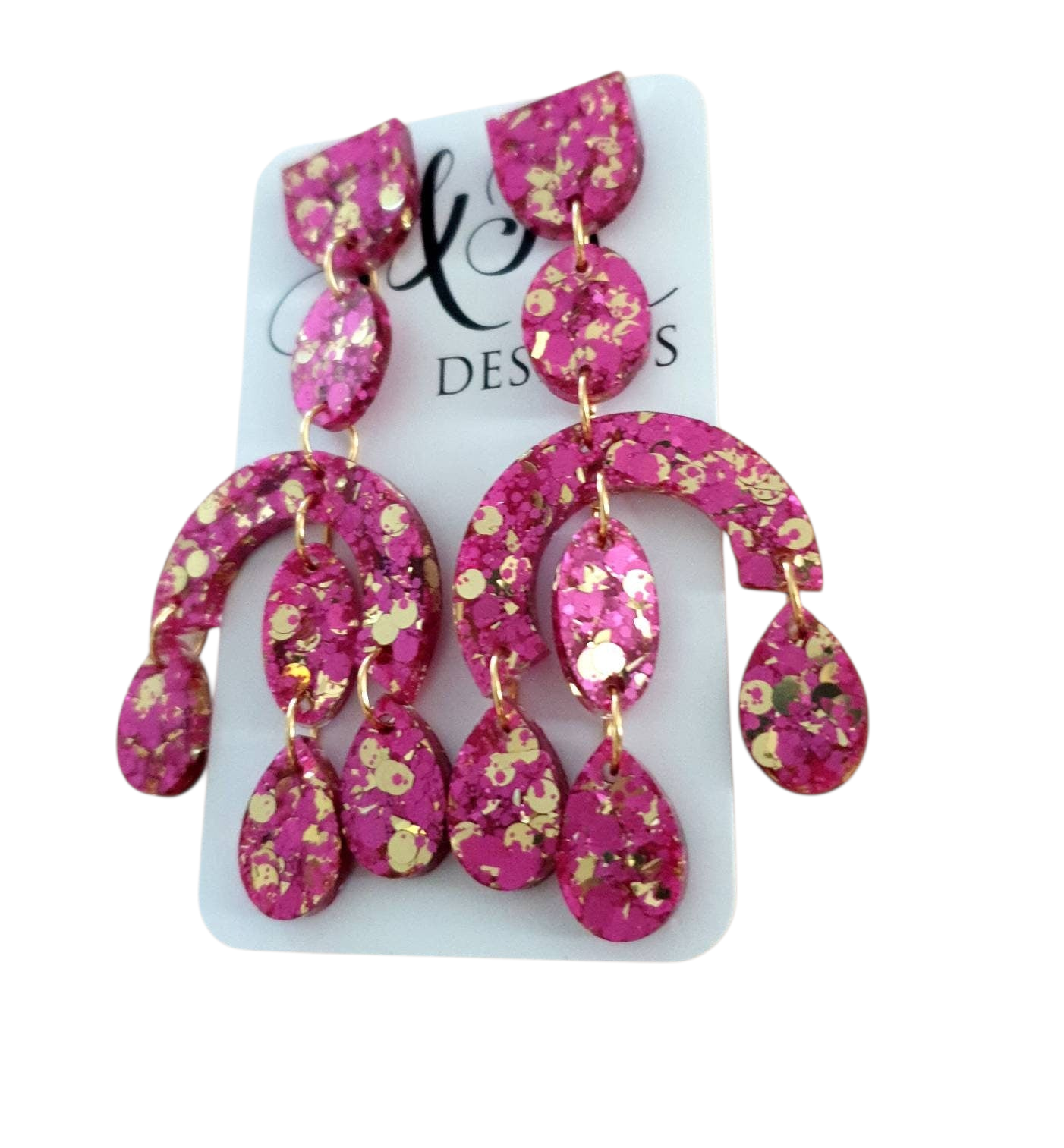 Silver and Resin Designs oversized pink and gold glitter resin chandelier dangle earrings with stainless steel