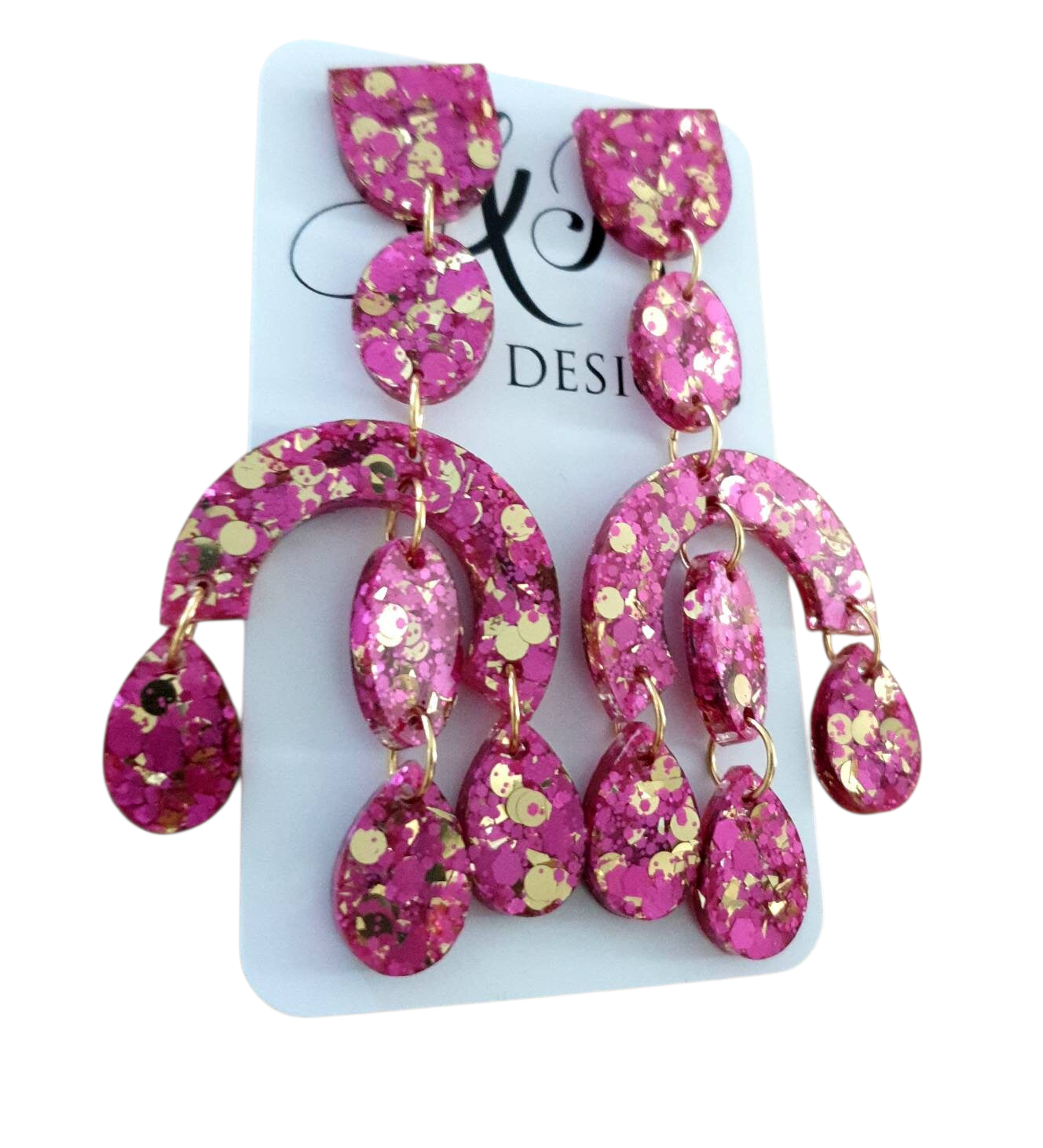 Silver and Resin Designs oversized pink and gold glitter resin chandelier earrings with stainless steel hardware.