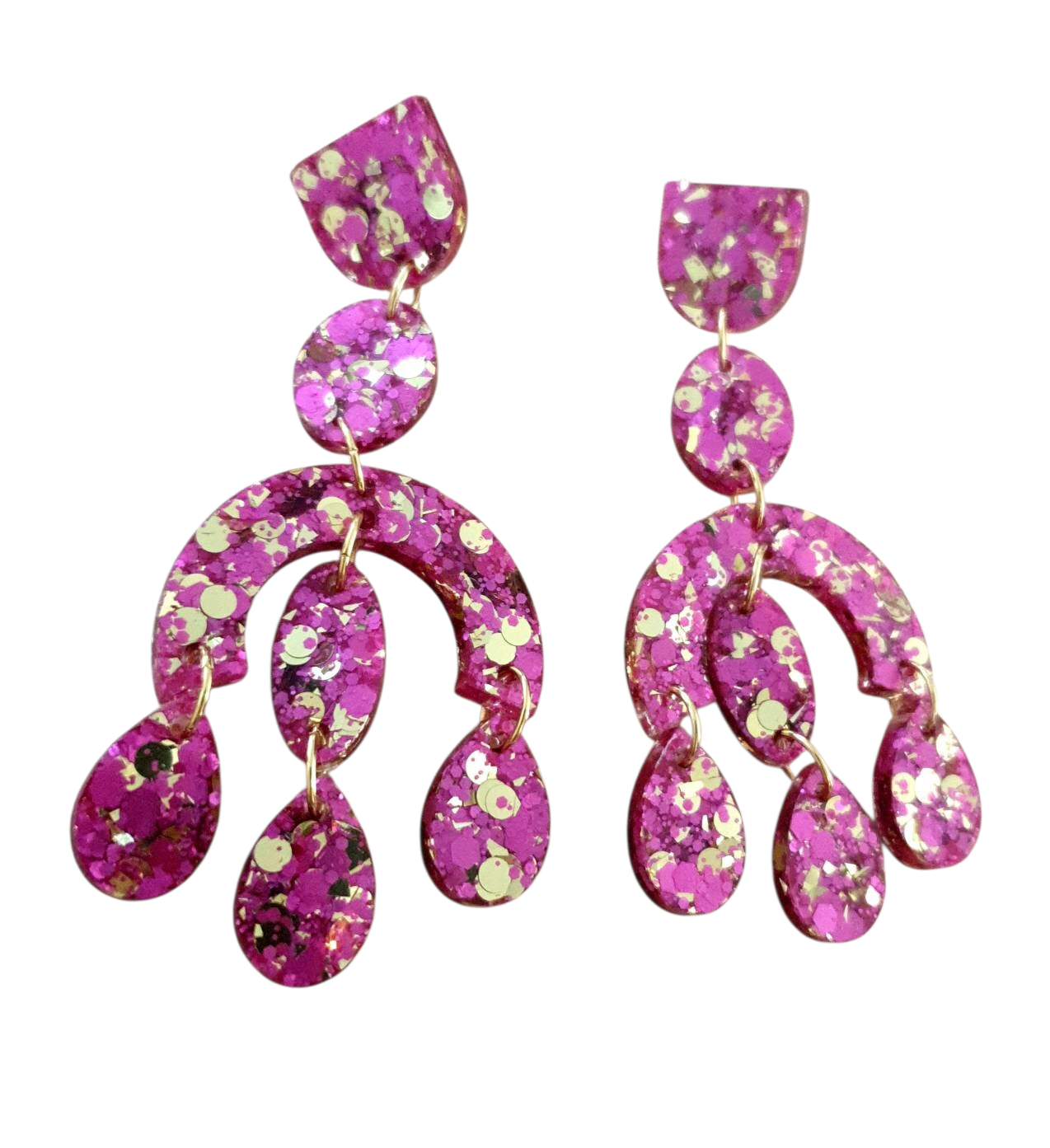 Silver and Resin Designs oversized chandelier dangle earrings in pink resin with gold glitter and stainless steel