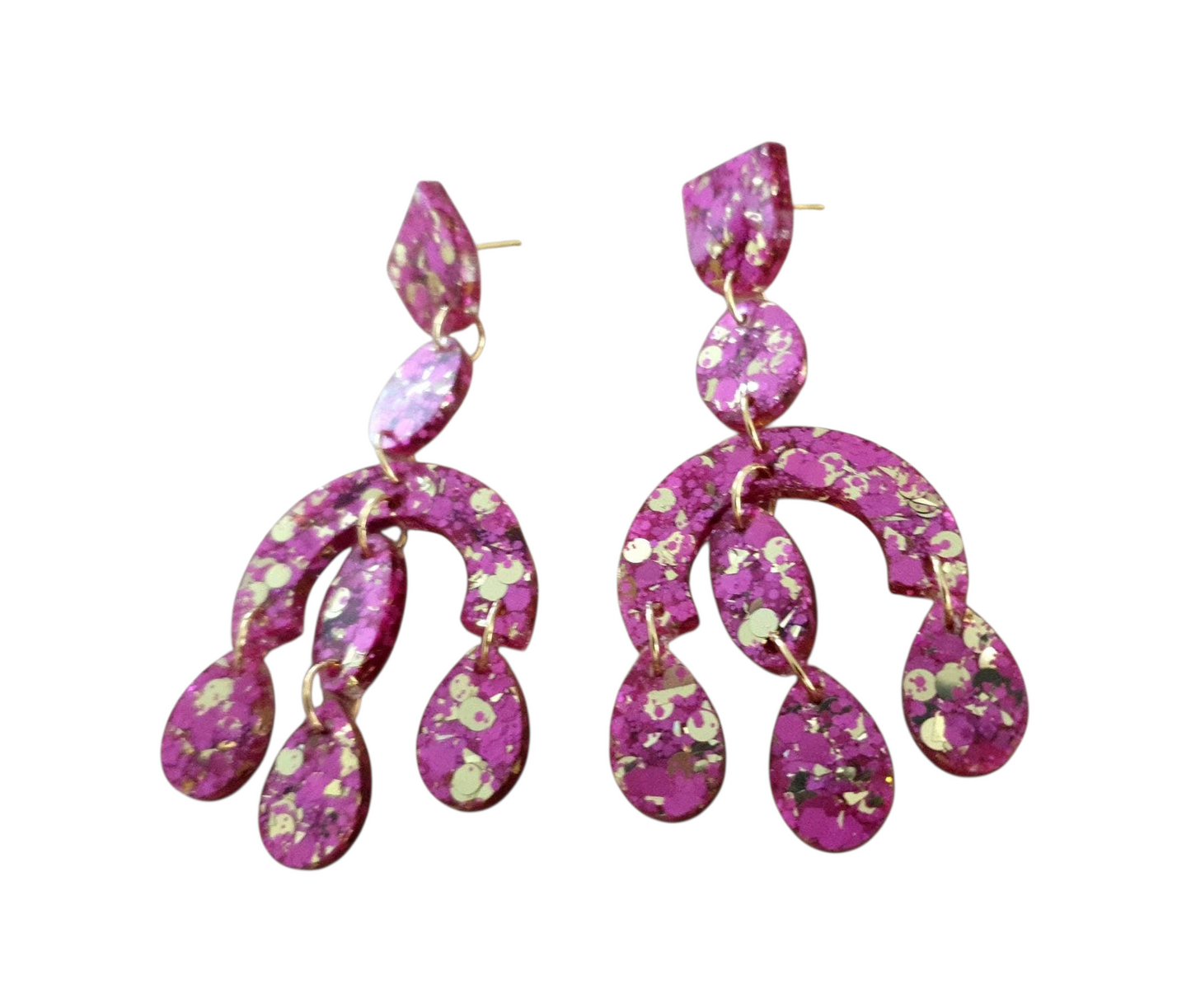 Silver and Resin Designs oversized chandelier dangle earrings in pink resin with gold glitter accents on stainless steel