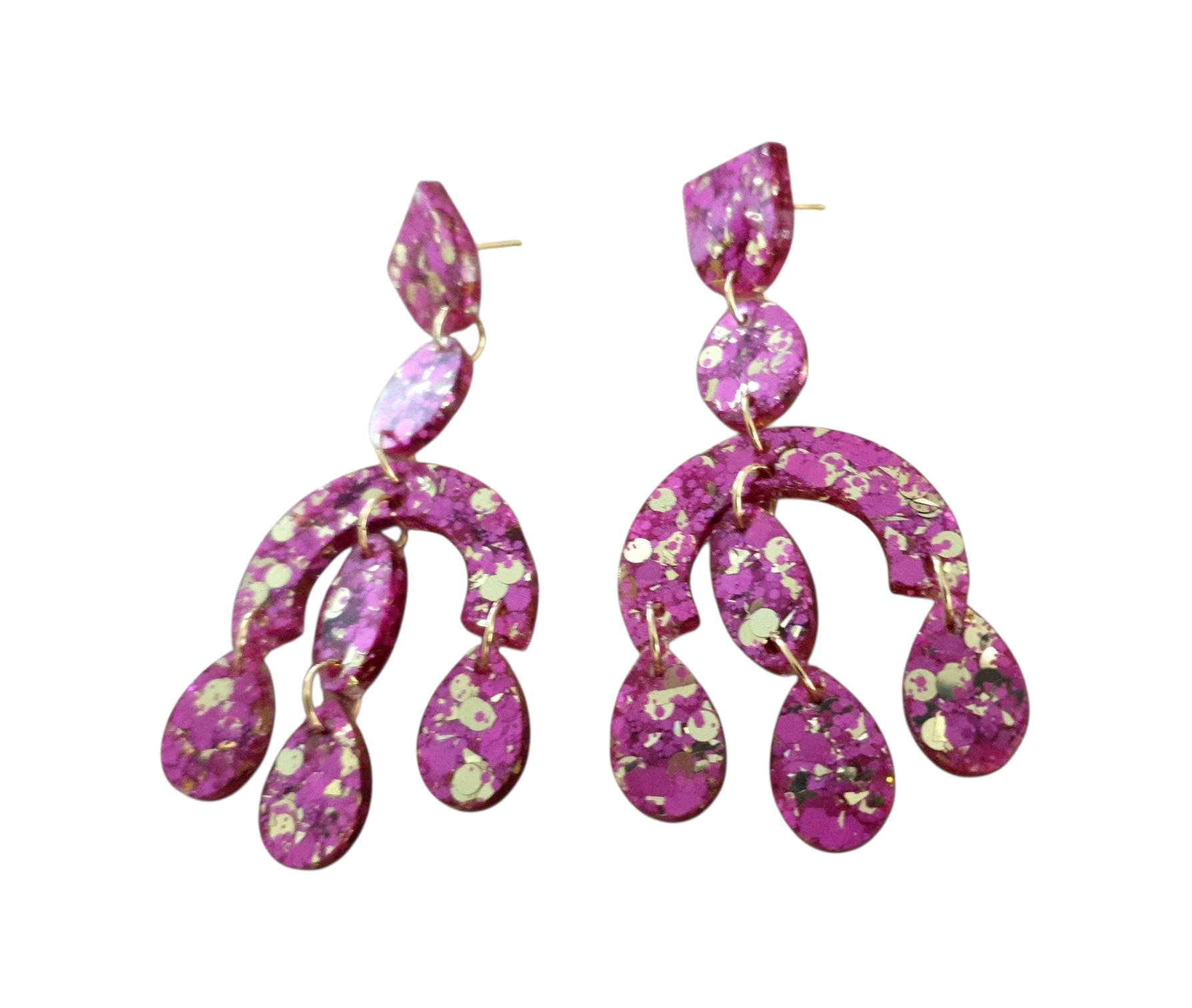 Silver and Resin Designs oversized chandelier dangle earrings in pink resin with gold glitter accents on stainless steel