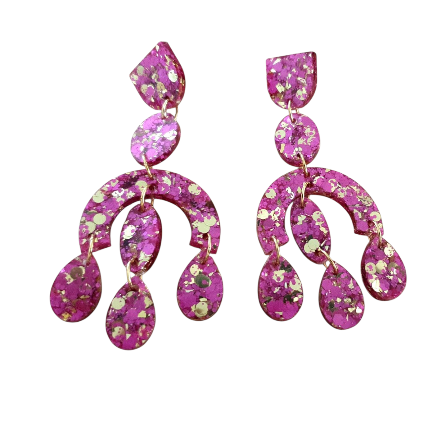 Silver and Resin Designs oversized pink and gold glitter resin chandelier earrings with stainless steel hardware.