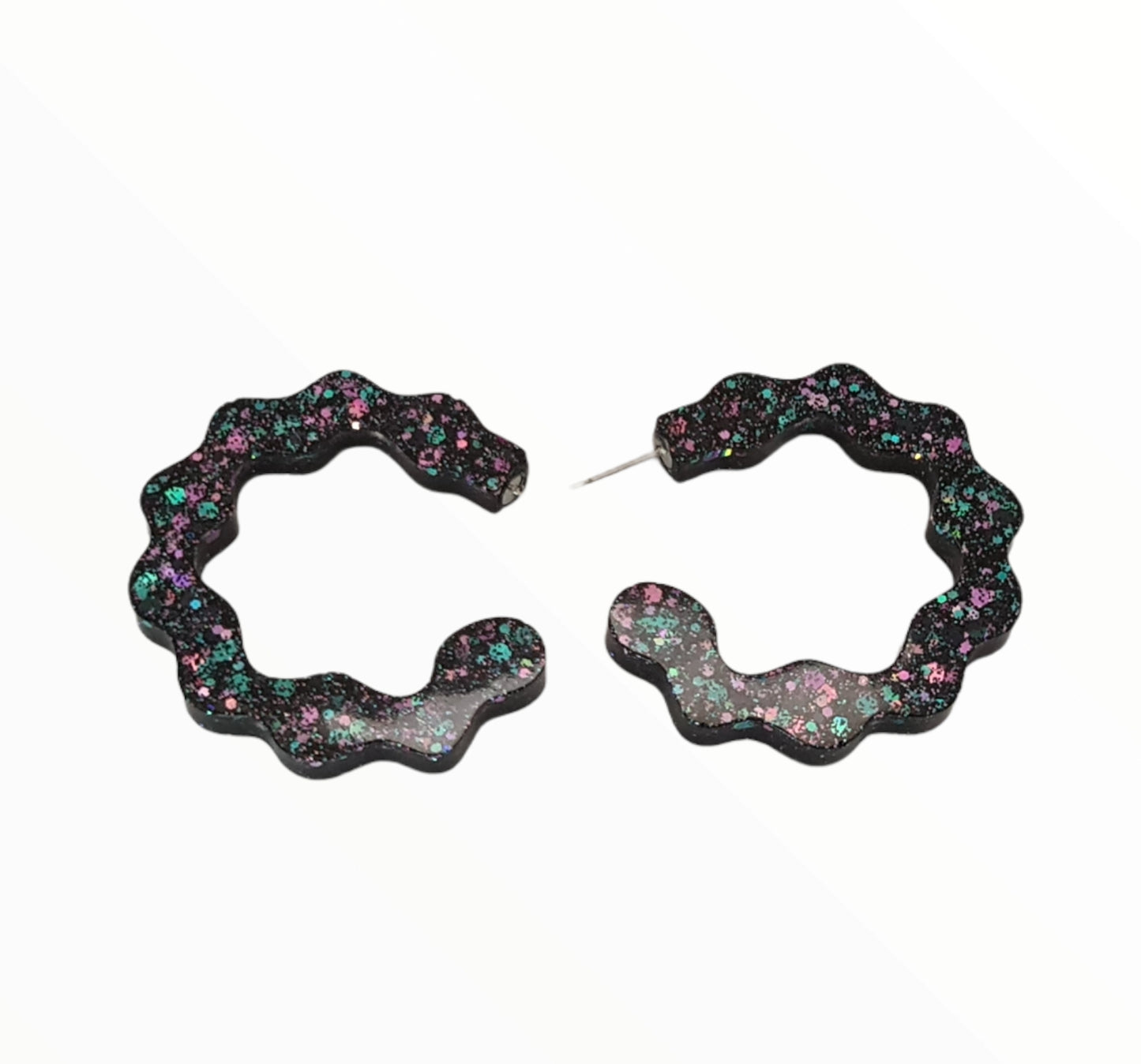 Wave Hoops Stud Earrings, Glitter Resin Dangle Statement Earrings, Choose colour