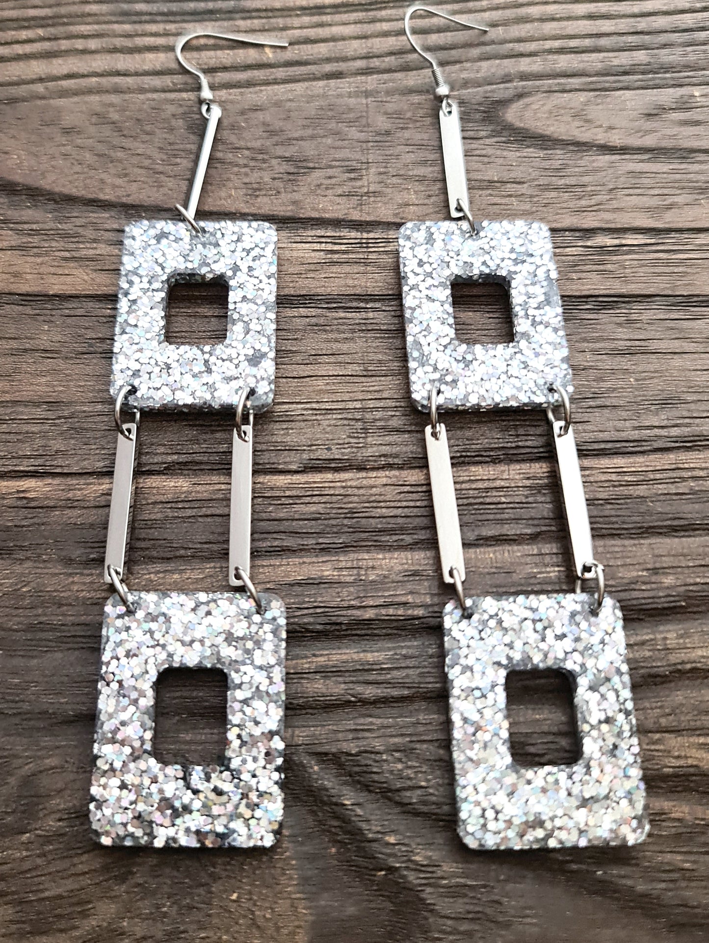 Square Statement Glitter Earrings, Super Extra Long Dangles ,14cm long, Holographic Silver Glitter Earrings