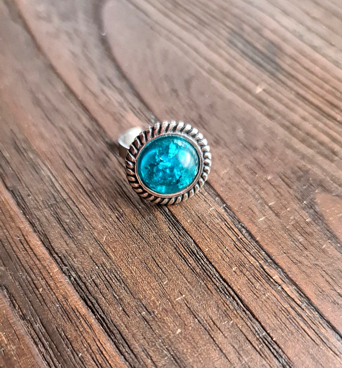 Resin Glitter Ring, Blue Silver Leaf Stainless Steel Statement Ring