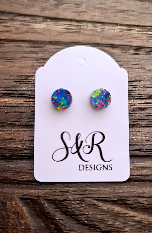 Circle Dot Resin Stud Earrings, Neon Pink Blue Yellow Glitter Earrings. Stainless Steel Stud Earrings. 8mm
