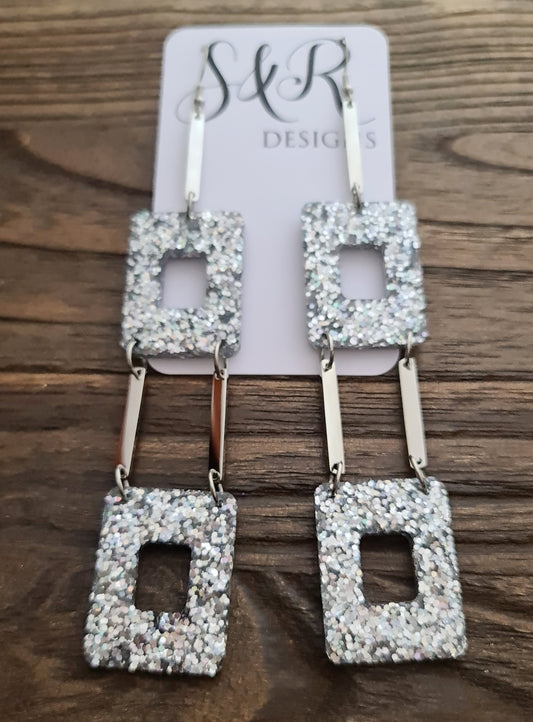 Square Statement Glitter Earrings, Super Extra Long Dangles ,14cm long, Holographic Silver Glitter Earrings