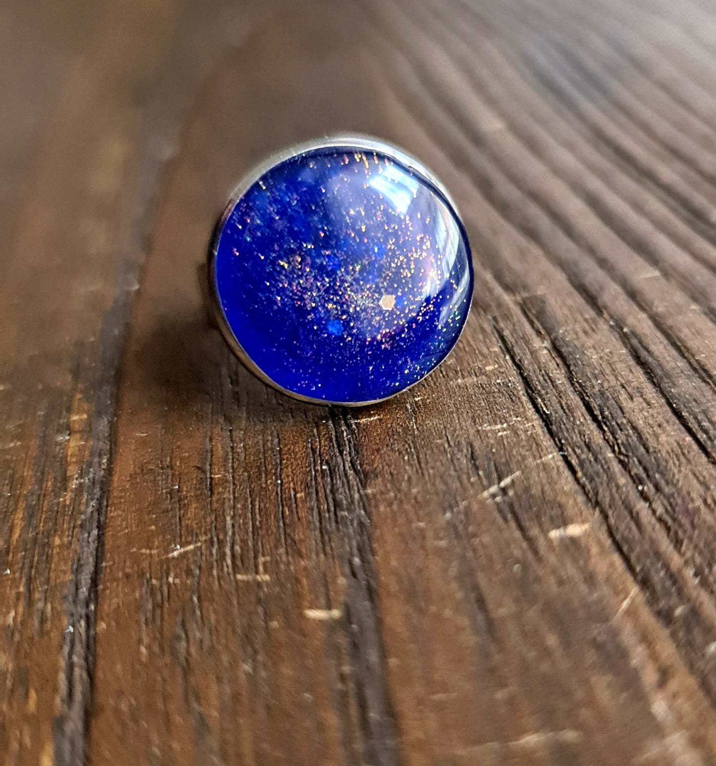 Blue Galaxy Ring, Resin Glitter Ring, Stainless Steel Statement Ring