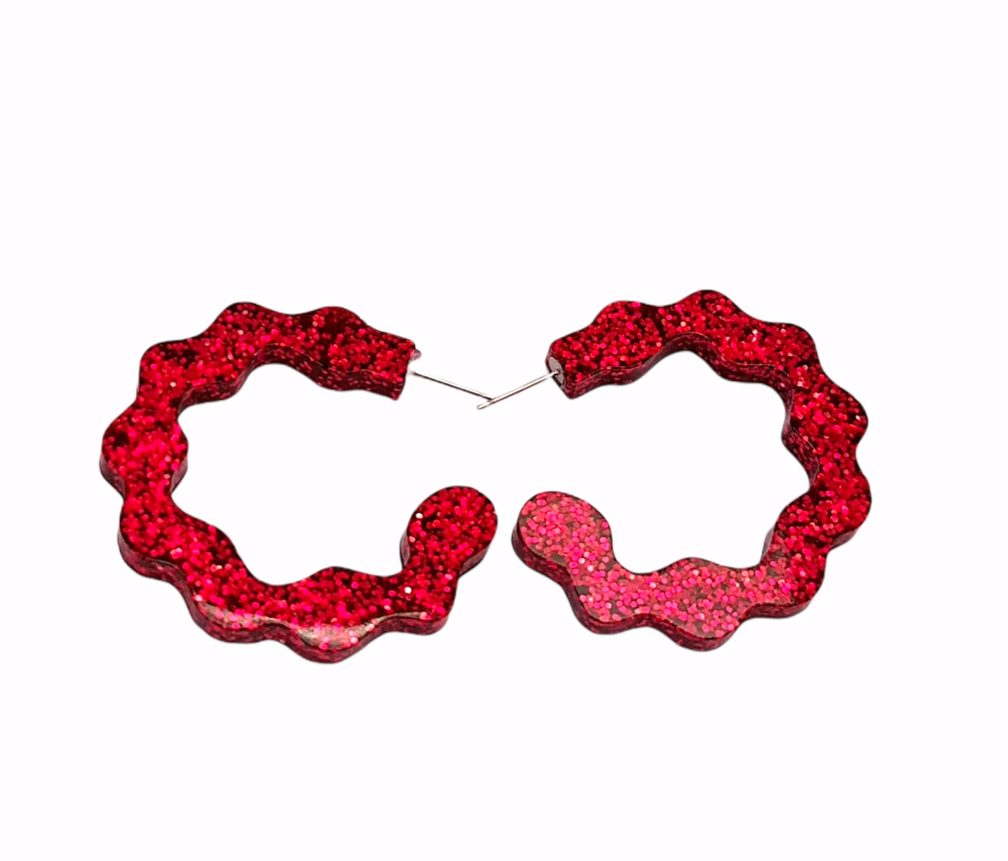 Large Wave Hoops Stud Earrings, Red Glitter, Resin Dangle Statement Earrings, Unique Design, Modern, Lightweight
