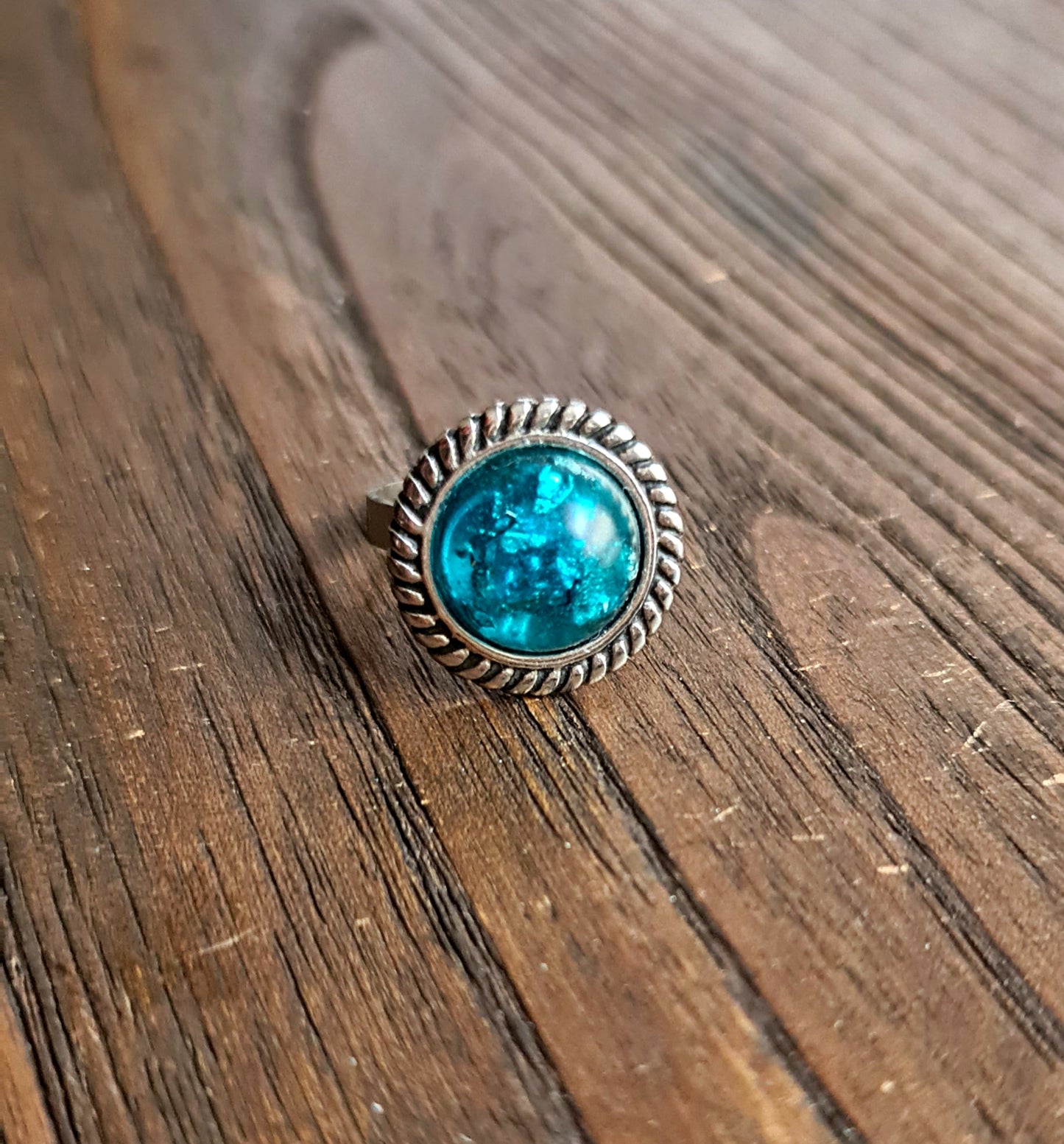 Resin Glitter Ring, Blue Silver Leaf Stainless Steel Statement Ring