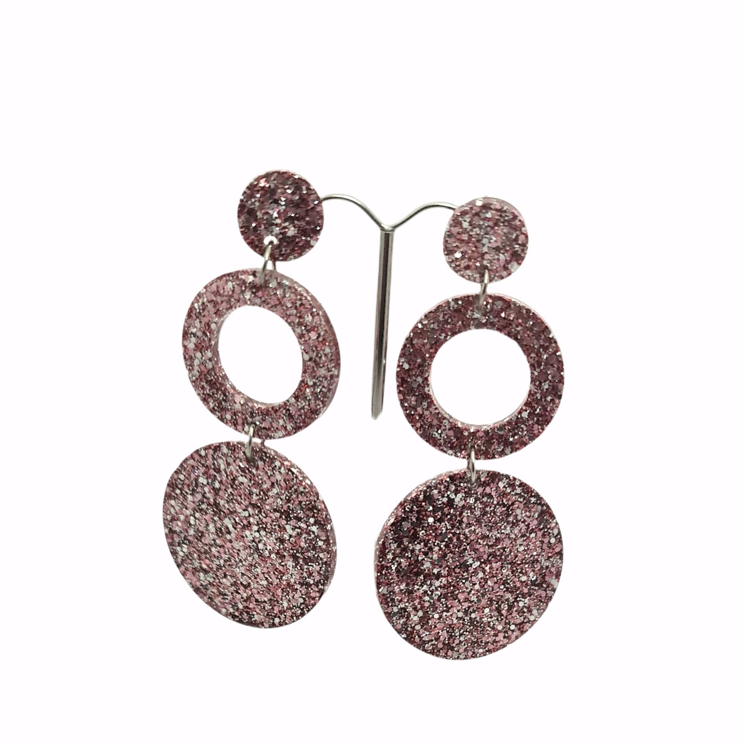 Circle Hoop Earrings, Salmon Pink Silver Glitter Dangle Statement Earrings