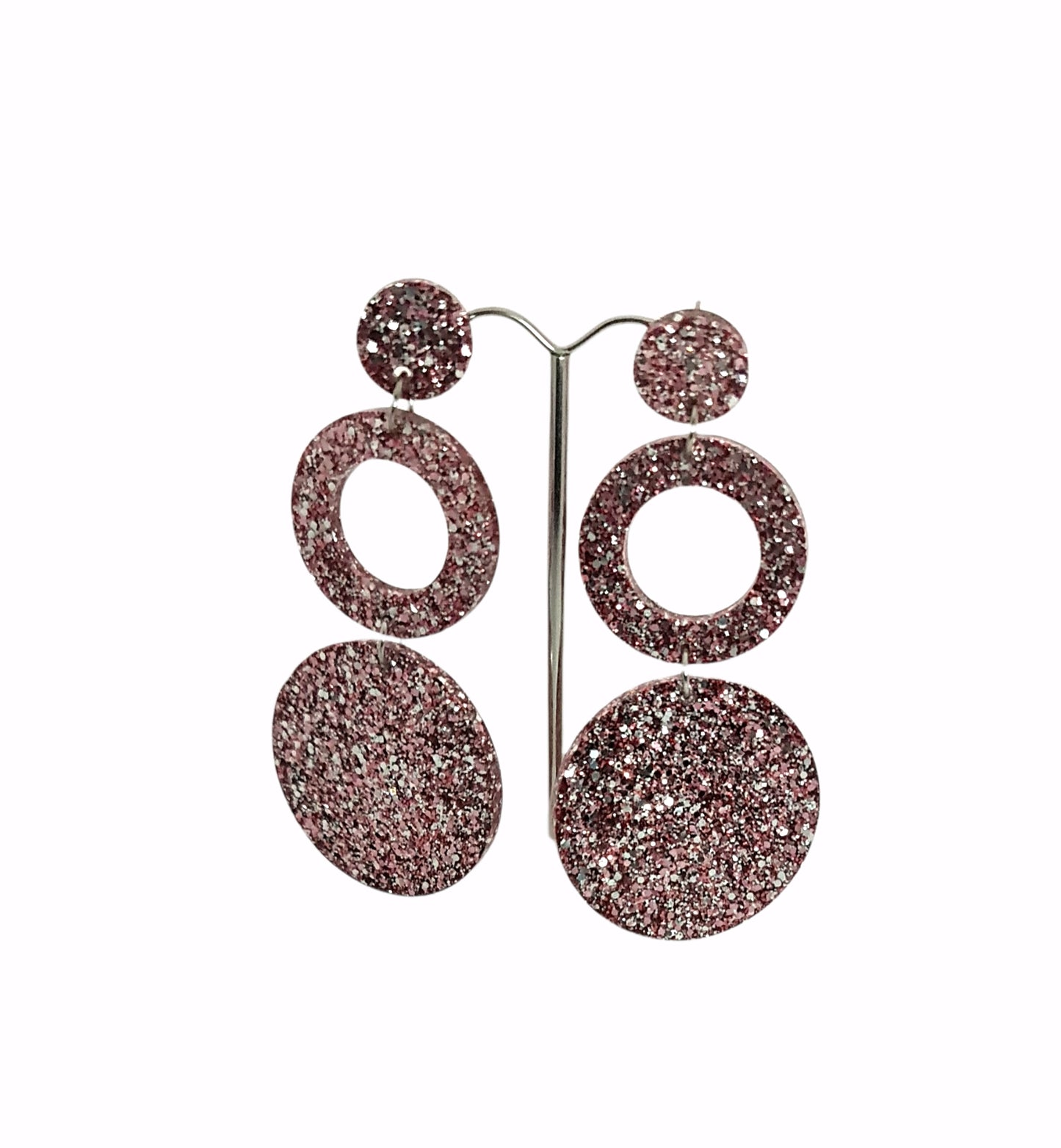 Circle Hoop Earrings, Salmon Pink Silver Glitter Dangle Statement Earrings