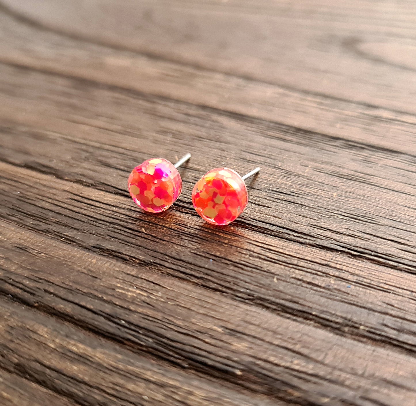 Circle Dot Resin Stud Earrings, Neon Pink Orange Yellow Glitter Earrings. Stainless Steel Stud Earrings. 8mm