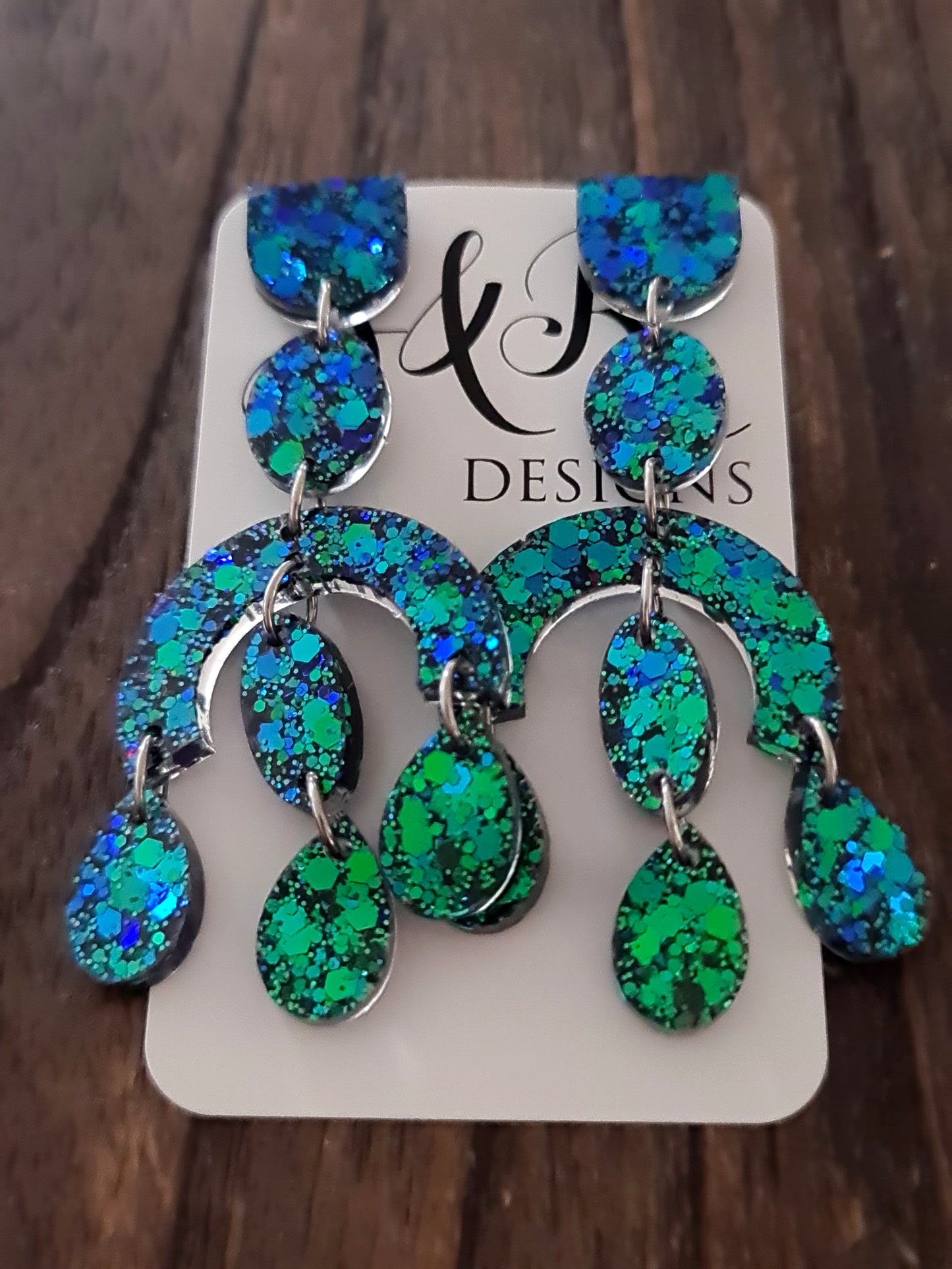 Large Oversized Green Blue Glitter Chandelier Dangle Earrings, Deep Ocean Green Chameleon Glitter Dangles, Statement Long Earrings