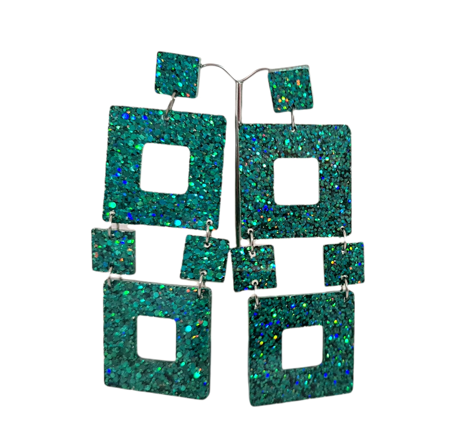 Extra Long Square Glitter Earrings, Dangle Statement Earrings, 11cm long, Sea Green Glitter Earrings